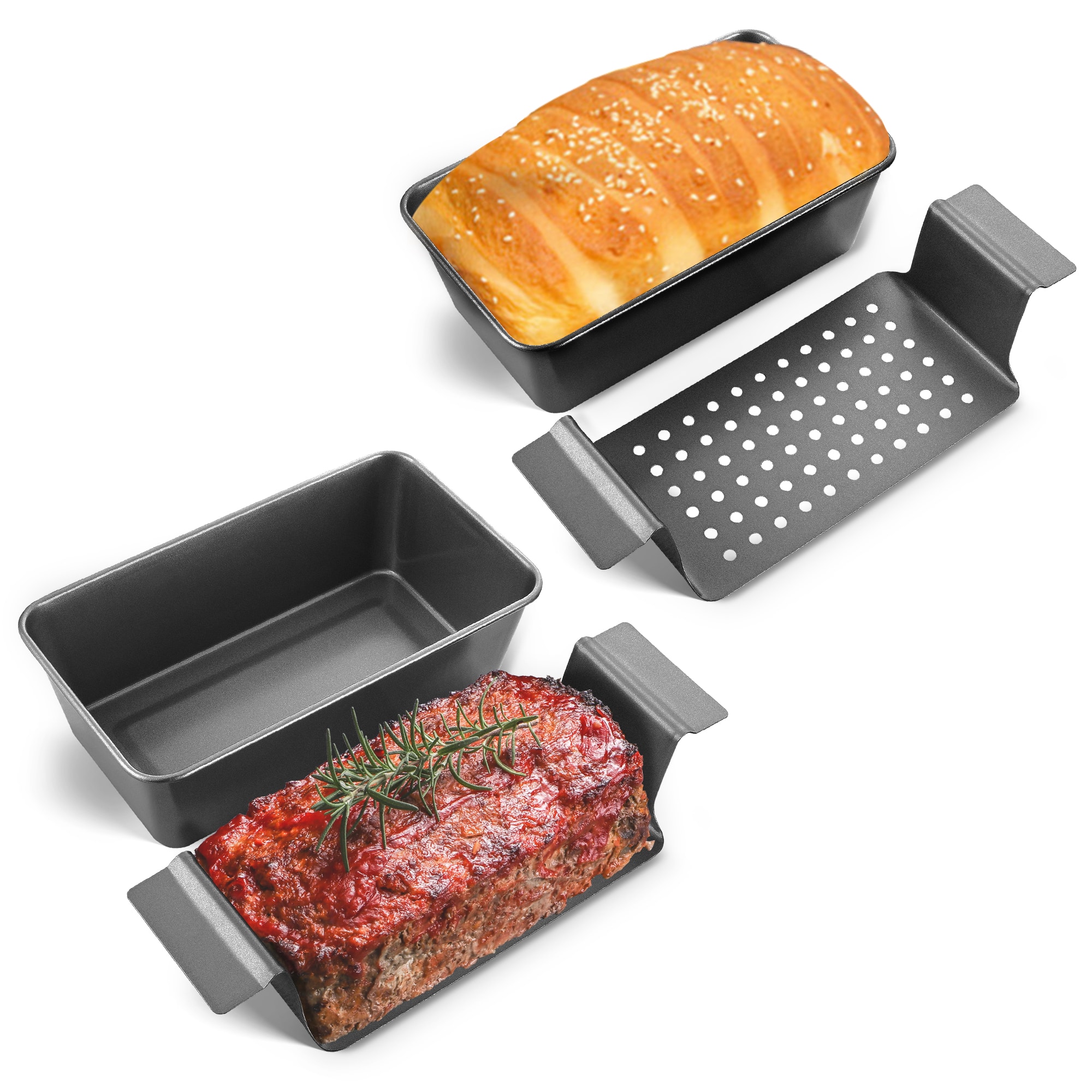 HONGBAKE - 4 Pack Meatloaf Pan with Drain Tray, 9 x 5 Inches Loaf Pans with Insert, Nonstick Meat Loaf for Baking