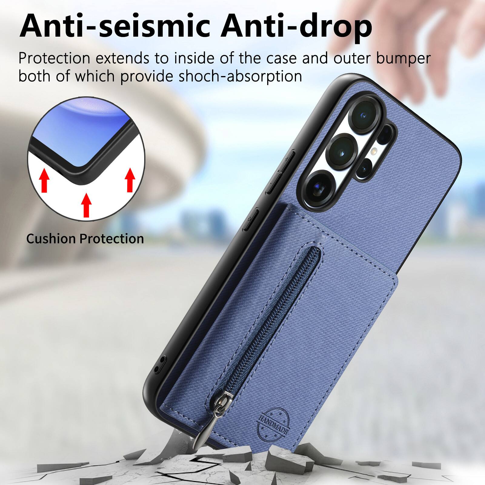 Anti-seismic Anti-drop Protection extends to inside of the case and outer bumper both of which provide shock-absorption Cushion Protection + HANDMADE