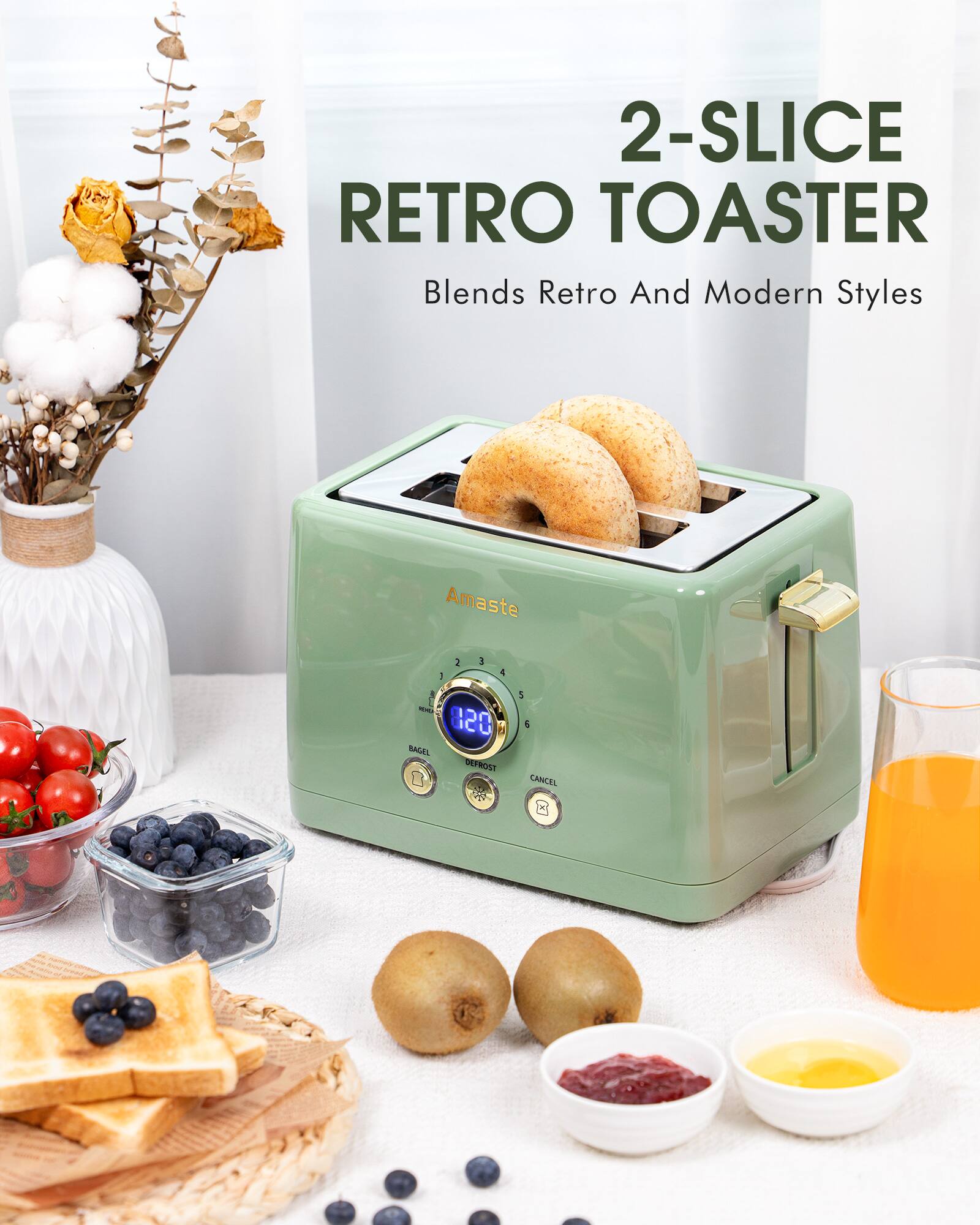 2-Slice Retro Toaster  
Blends Retro and Modern Styles  

Amaste  

BAGEL  
DEFROST  
CANCEL  
RESTART  

1 2 3 4 5 6  

8:20