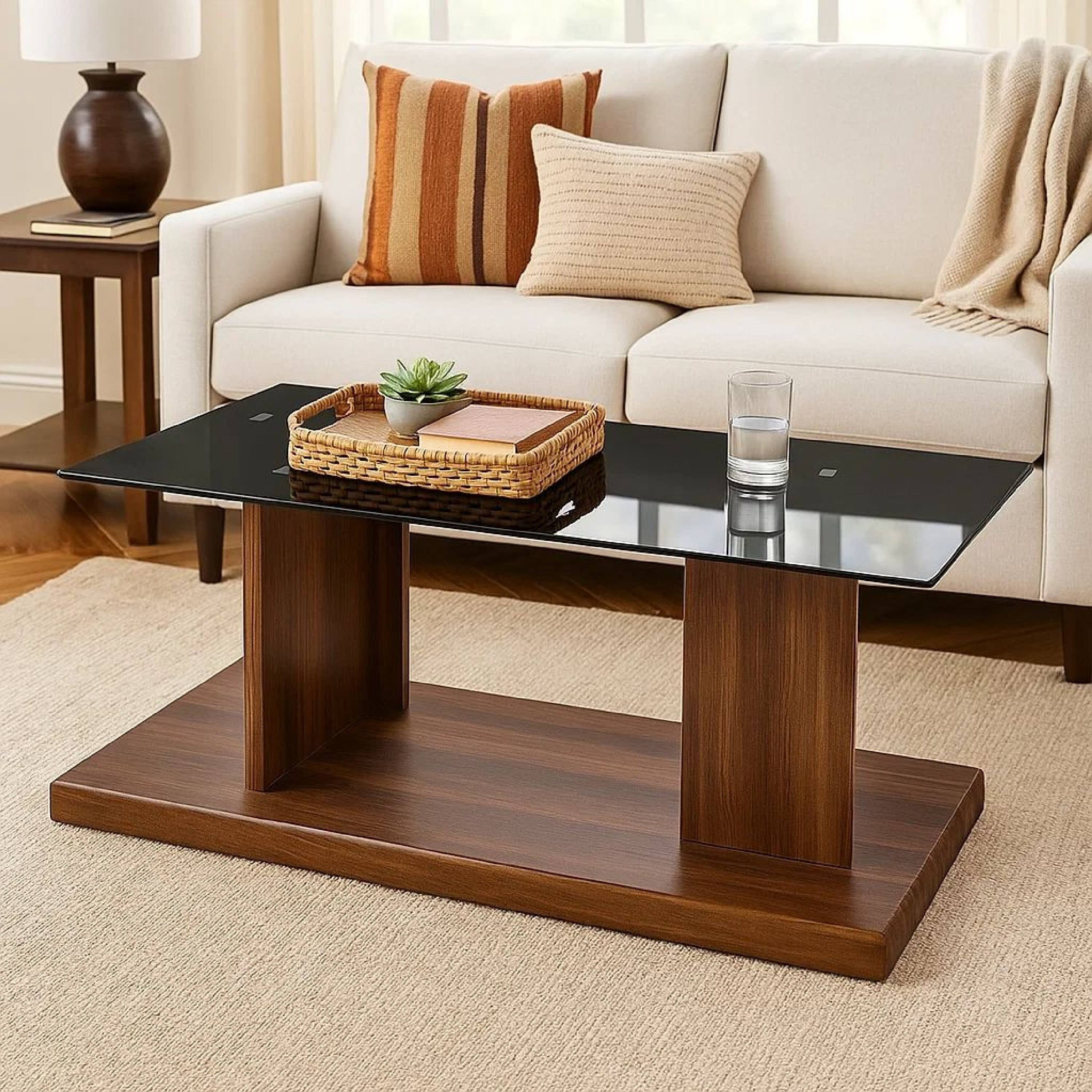 Alt View 5. Manhattan Lane - Liam 47 Inch Rectangular Coffee Table, Brown Wood, Pedestal Base, Glass Top - Brown, Black.