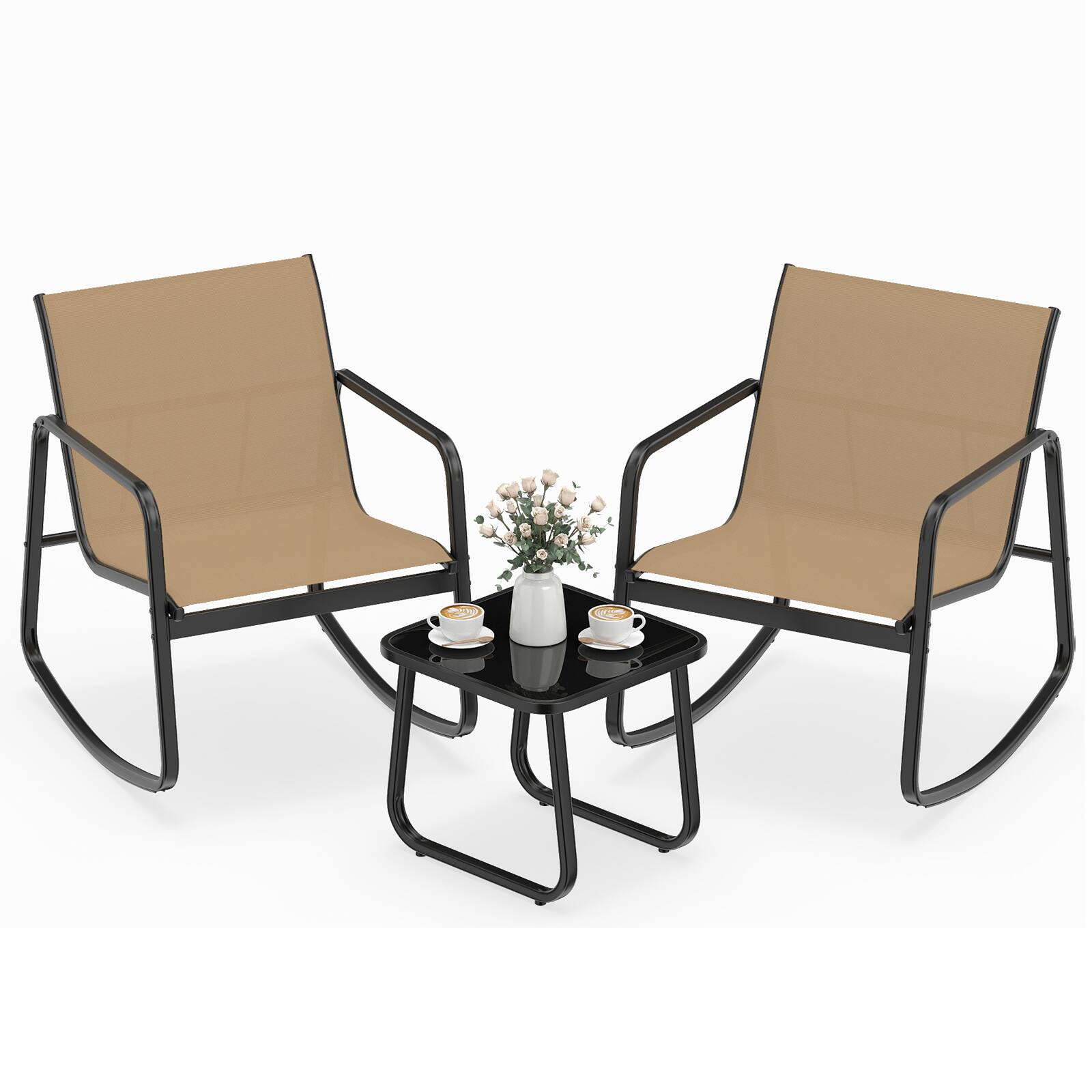 Alt View 8. Gymax - Gymax Set of 3 Patio Rocking Set 2 Rocking Bistro Chairs & Glass-Top Table for Porch - Brown.