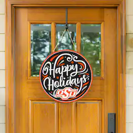 Evergreen Enterprises - Oklahoma State Cowboys 18" Happy Holidays Wooden Round Door Sign - Multicolor