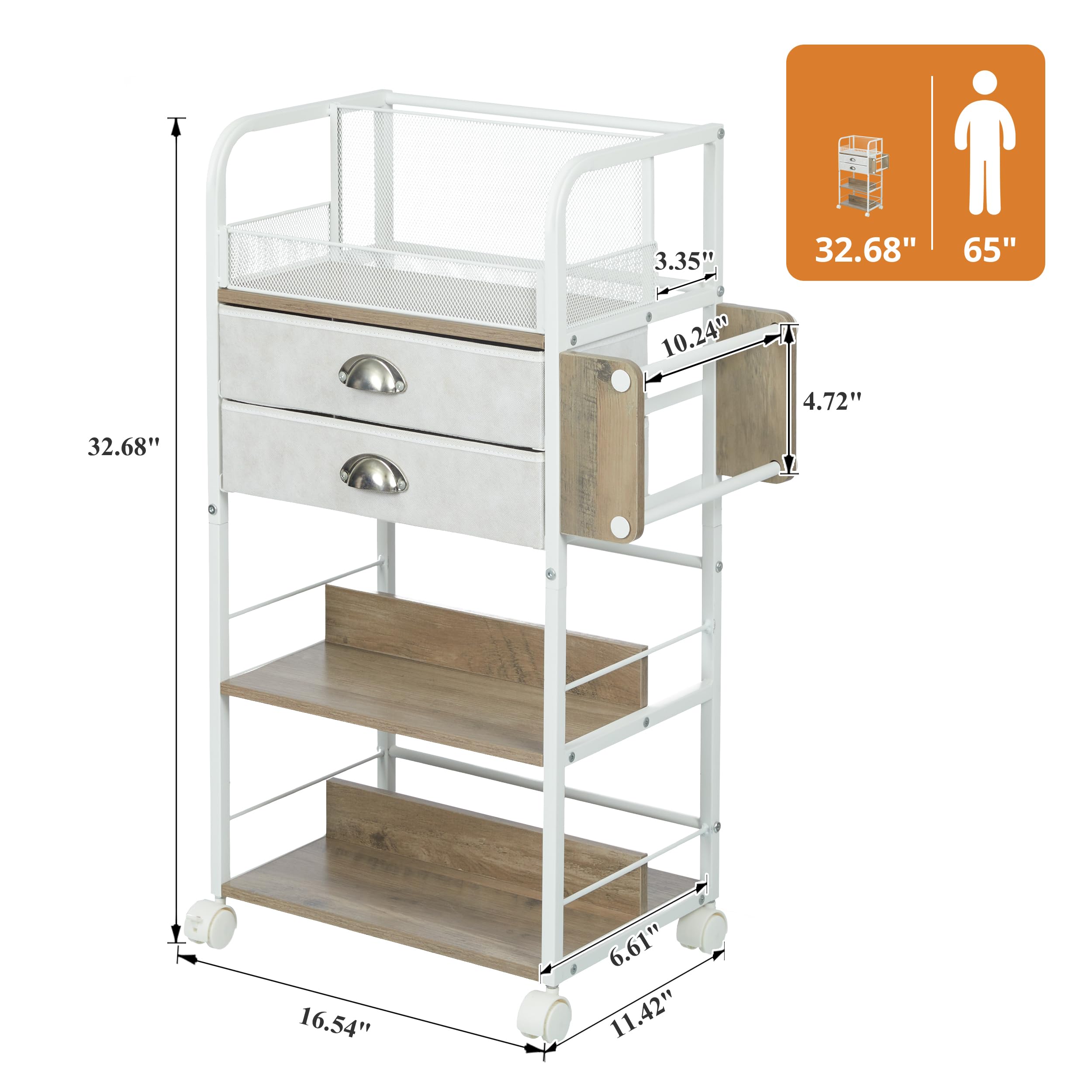 - Height: 32.68"
- Width: 65"
- Depth: 16.54"
- Shelf 1: 11.42" (from bottom)
- Shelf 2: 6.61" (from bottom)
- Drawer: 4.72" (height)
- Drawer: 10.24" (depth)
- Top shelf: 3.35" (depth)