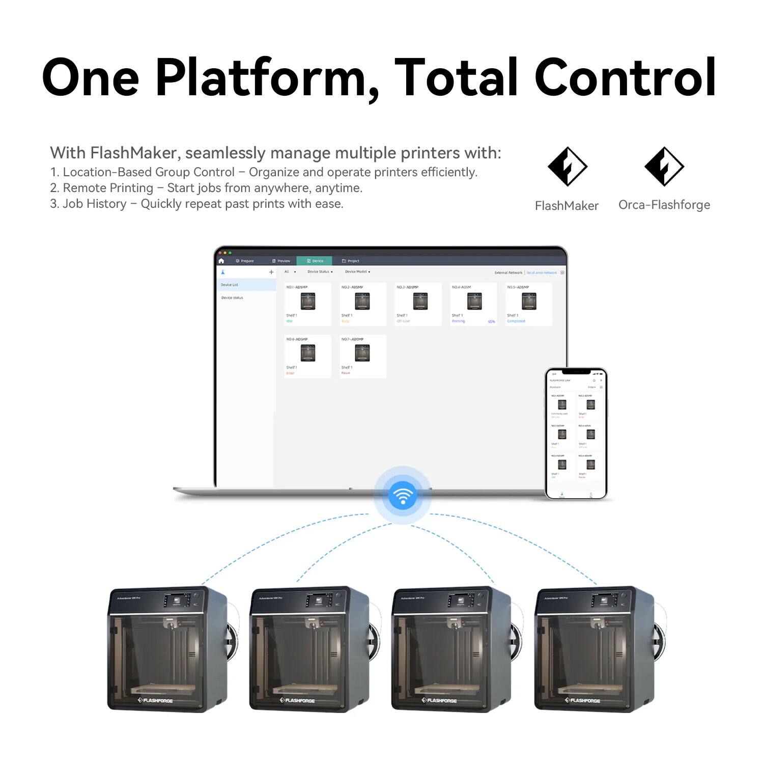 One Platform, Total Control

With FlashMaker, seamlessly manage multiple printers with:

1. Location-Based Group Control – Organize and operate printers efficiently.
2. Remote Printing – Start jobs from anywhere, anytime.
3. Job History – Quickly repeat past prints with ease.

FlashMaker Orca-Flashforge