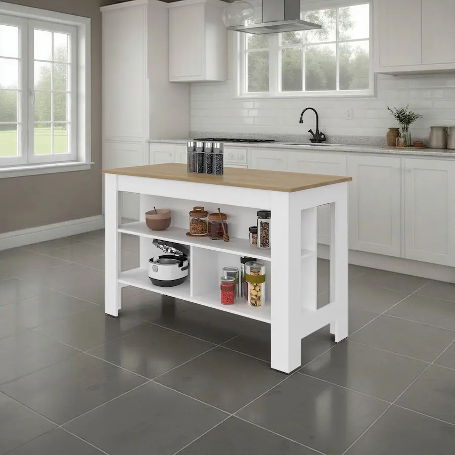 Rectangular Open Back Storage Loheer Kitchen Island Rectangular Open Storage White and Natural Oak ...