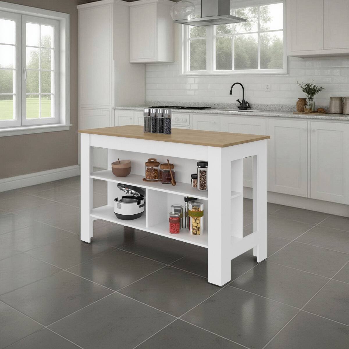 Loheer Kitchen Island Rectangular Open Storage White and Natural Oak ...