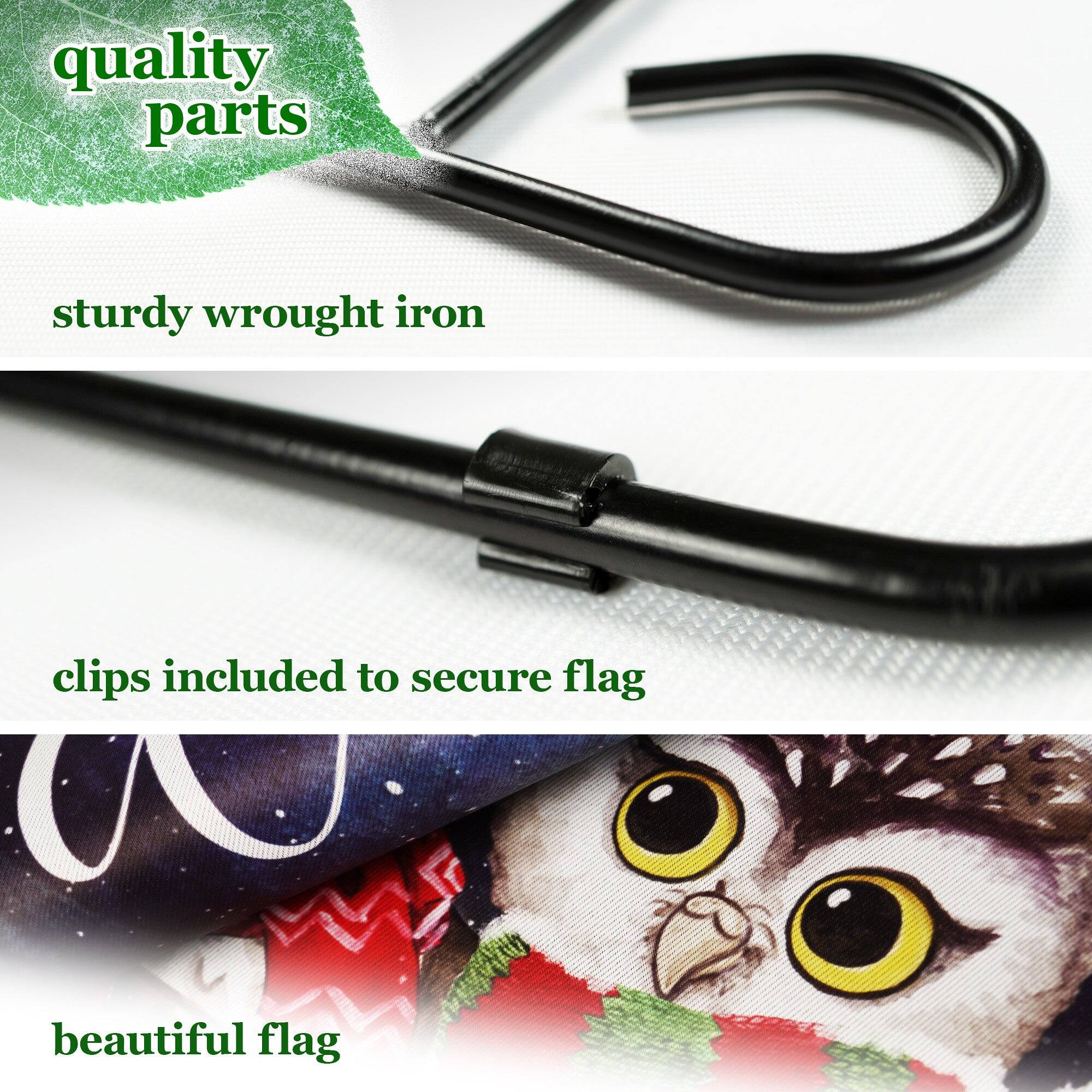 quality parts  
sturdy wrought iron  
clips included to secure flag  
beautiful flag
