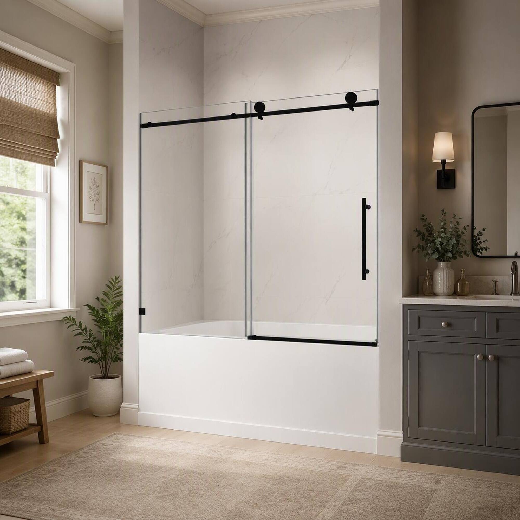 Left. RYHNUYNE - Matte Black Frameless Shower Door With 70mm Steel Pulleys, Soft Close And Nano Easy Clean - Matte Black.
