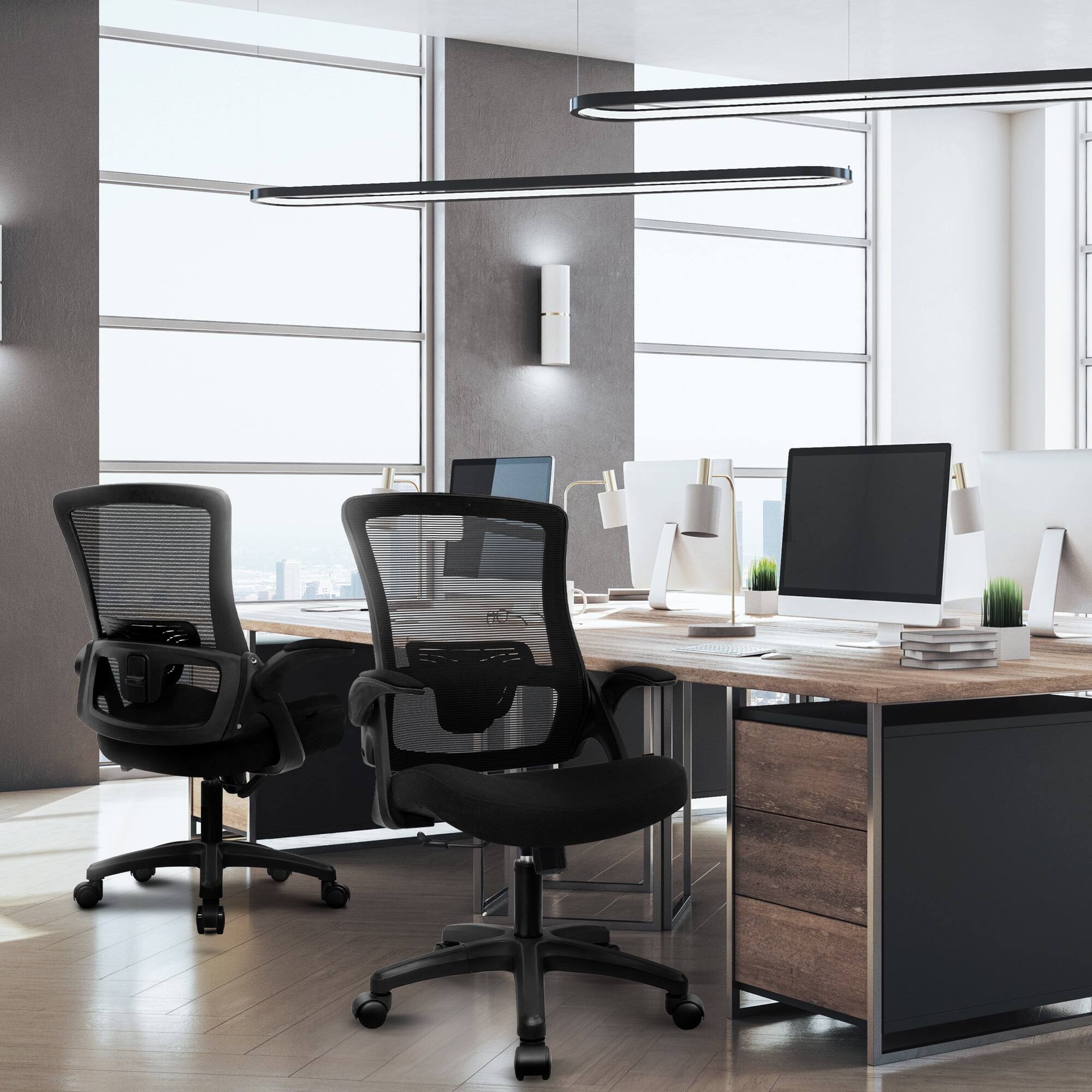 Left. Celtoss - Ergonomic Office Chair, High-Back Mesh Computer Chair with Adjustable Height, Flip-Up Armrests & Lumbar Support - Plastic Base-Black.