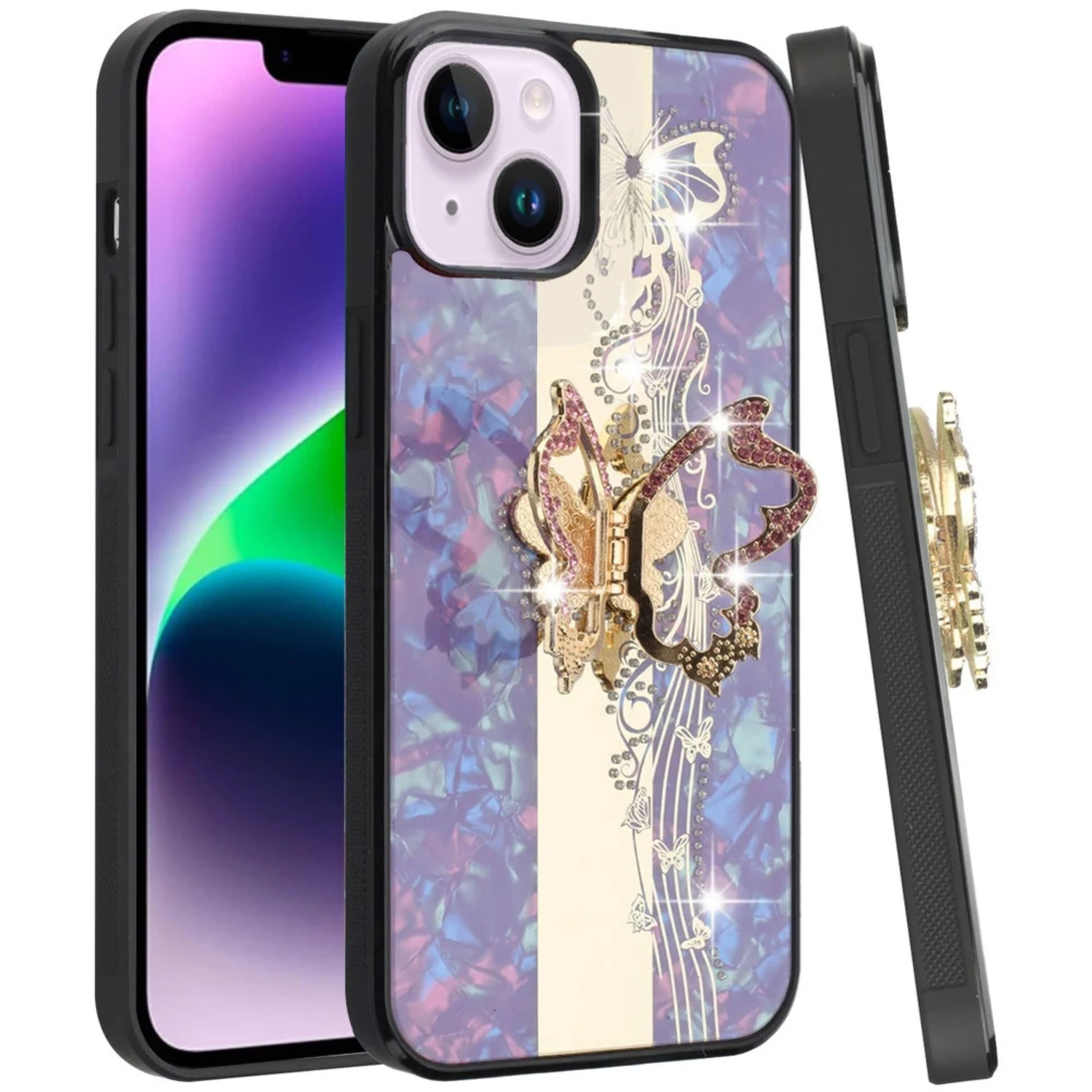 Kitcheniva - Rhinestone Bling Decor Glitter Case With Tempered Glass For iPhone 13 14 Butterfly - Purple price history on PriceWatchPro