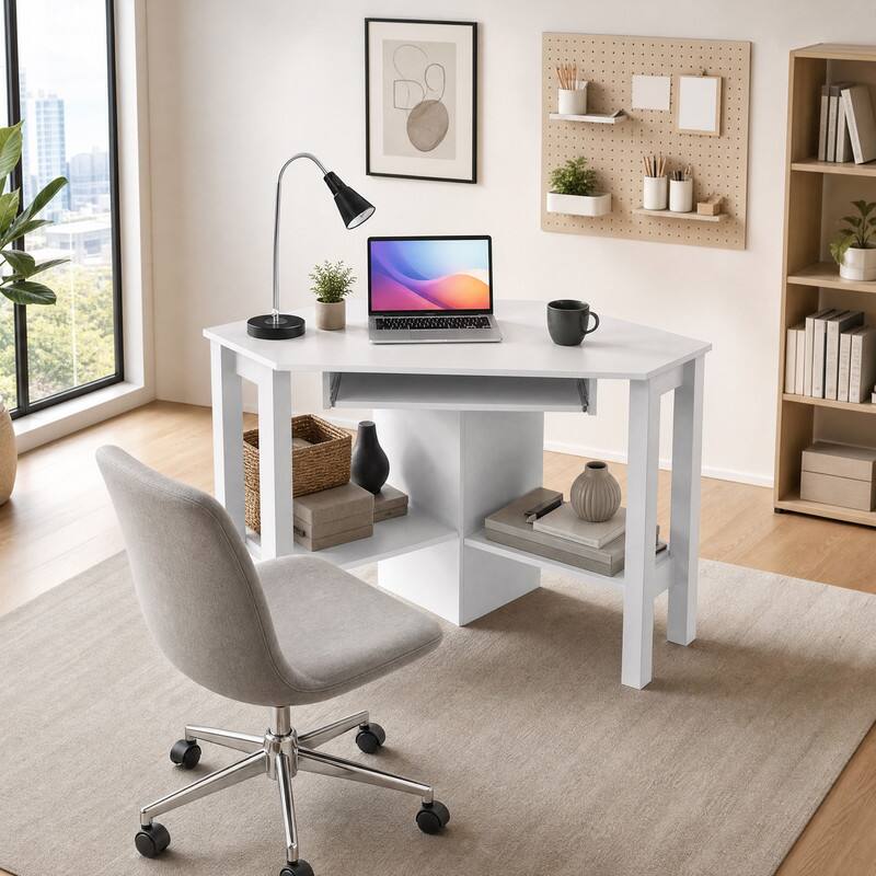 Angle. WELLFOR - Corner Computer Desk with Keyboard Tray & Open Shelves , Triangle Writing Table Workstation for Home Office - White.