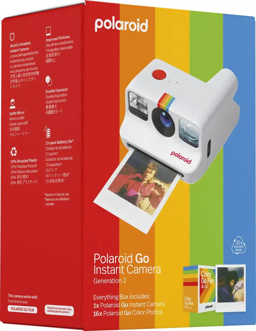 Polaroid Go Instant Camera Generation 2 Color Go Film  15 - 30% recycled plastic This camera works with Fonctionne avec POLAROID GO FILM Protect from heat and including a, alrport scanners Everything Box includes: 1x Polaroid Go Instant Camera 16x Polaroid Go Color Photos Color Go Fim polarid