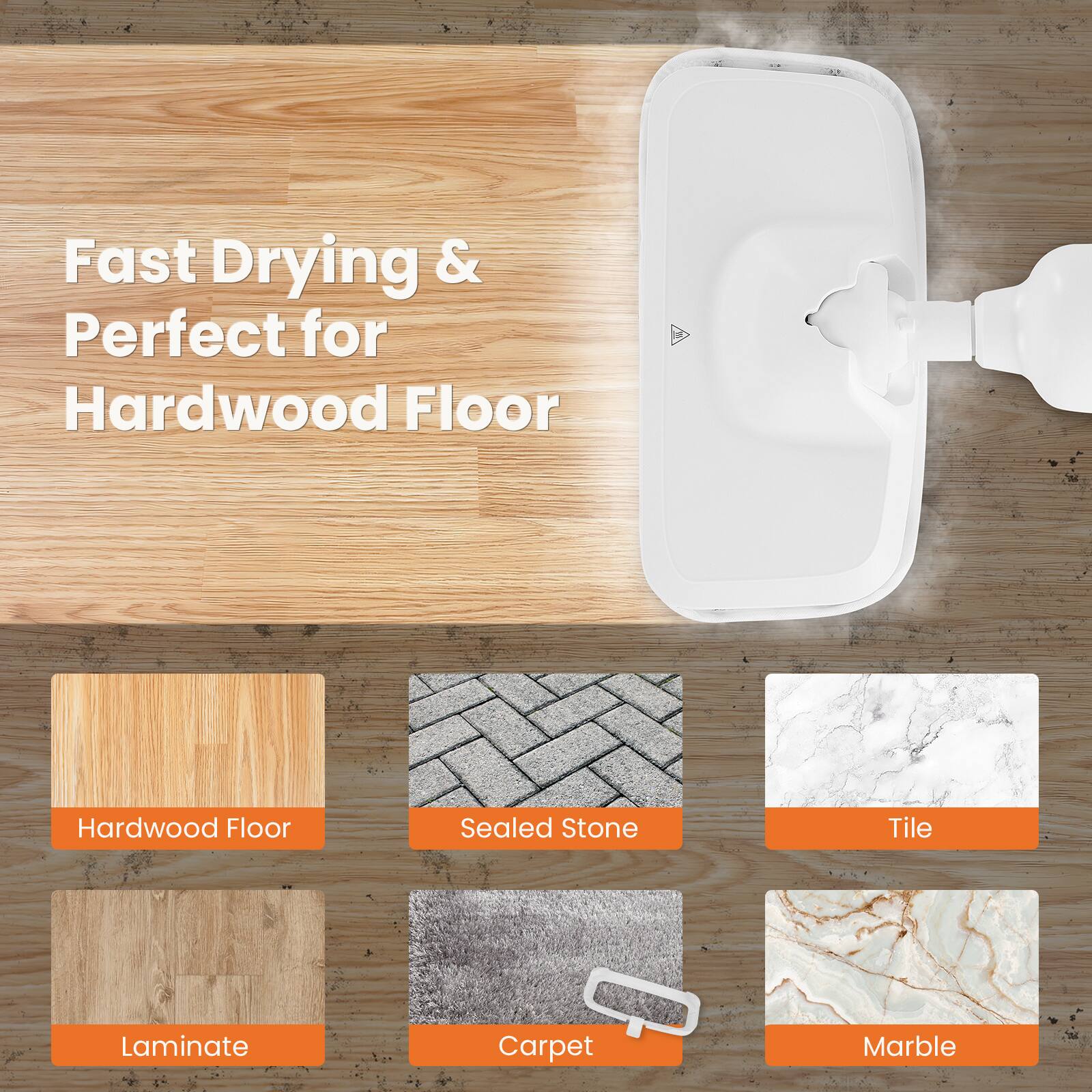 Fast Drying & Perfect for Hardwood Floor

- Hardwood Floor
- Sealed Stone
- Tile
- Laminate
- Carpet
- Marble