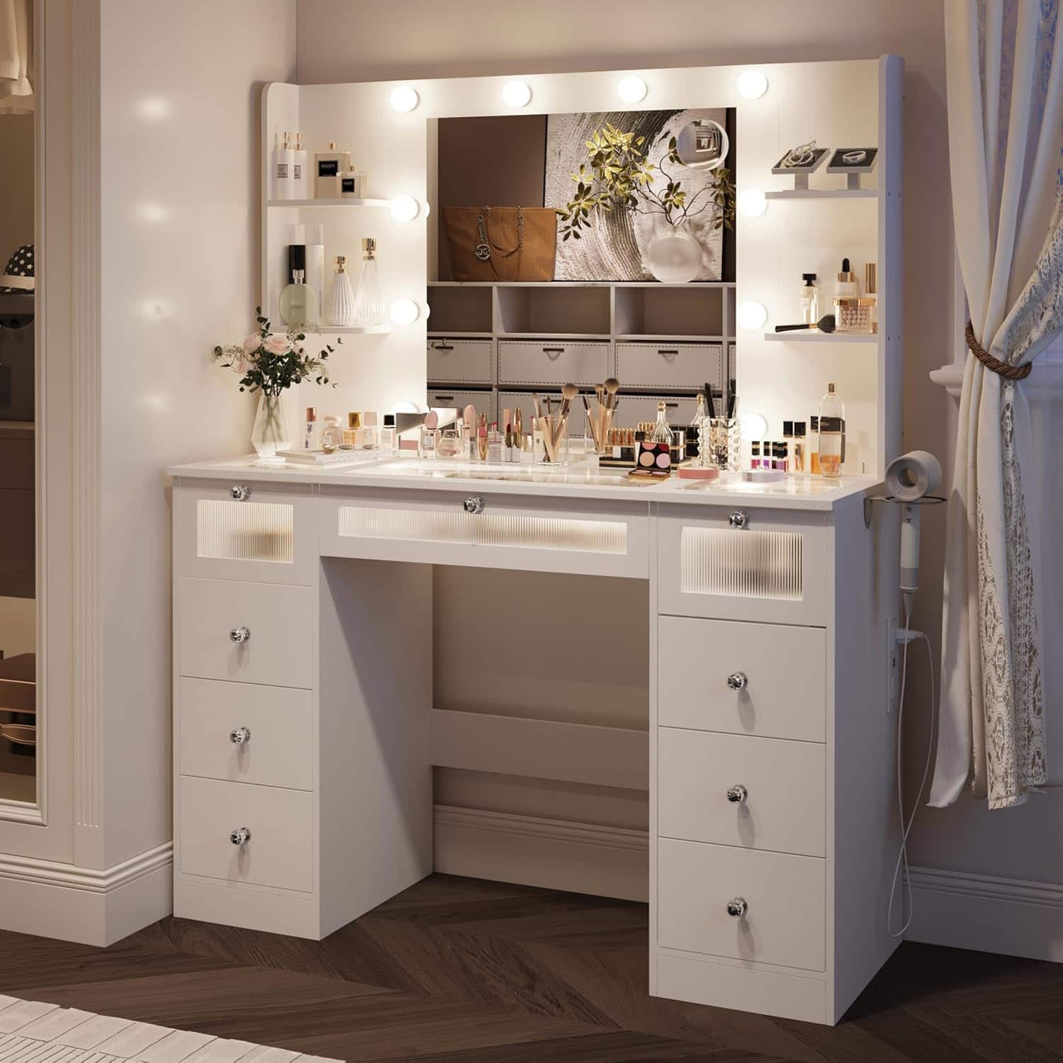 DIYSET - 9-Drawers Makeup Vanity with Lighted 22" Mirror, Glass Top Vanity Desk with 3 Color Bulbs, Charging Station - White