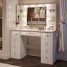 DIYSET - 9-Drawers Makeup Vanity with Lighted 22" Mirror, Glass Top Vanity Desk with 3 Color Bulbs, Charging Station - White