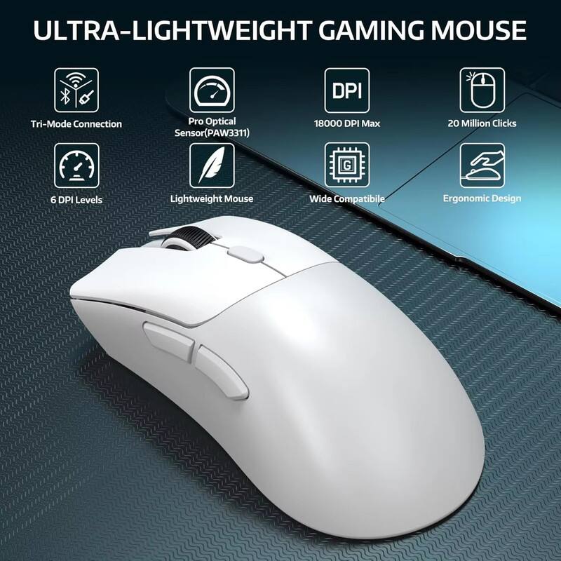 ULTRA-LIGHTWEIGHT GAMING MOUSE

- Tri-Mode Connection
- Pro Optical Sensor (PAW3311)
- 18000 DPI Max
- 20 Million Clicks
- 6 DPI Levels
- Lightweight Mouse
- Wide Compatible
- Ergonomic Design