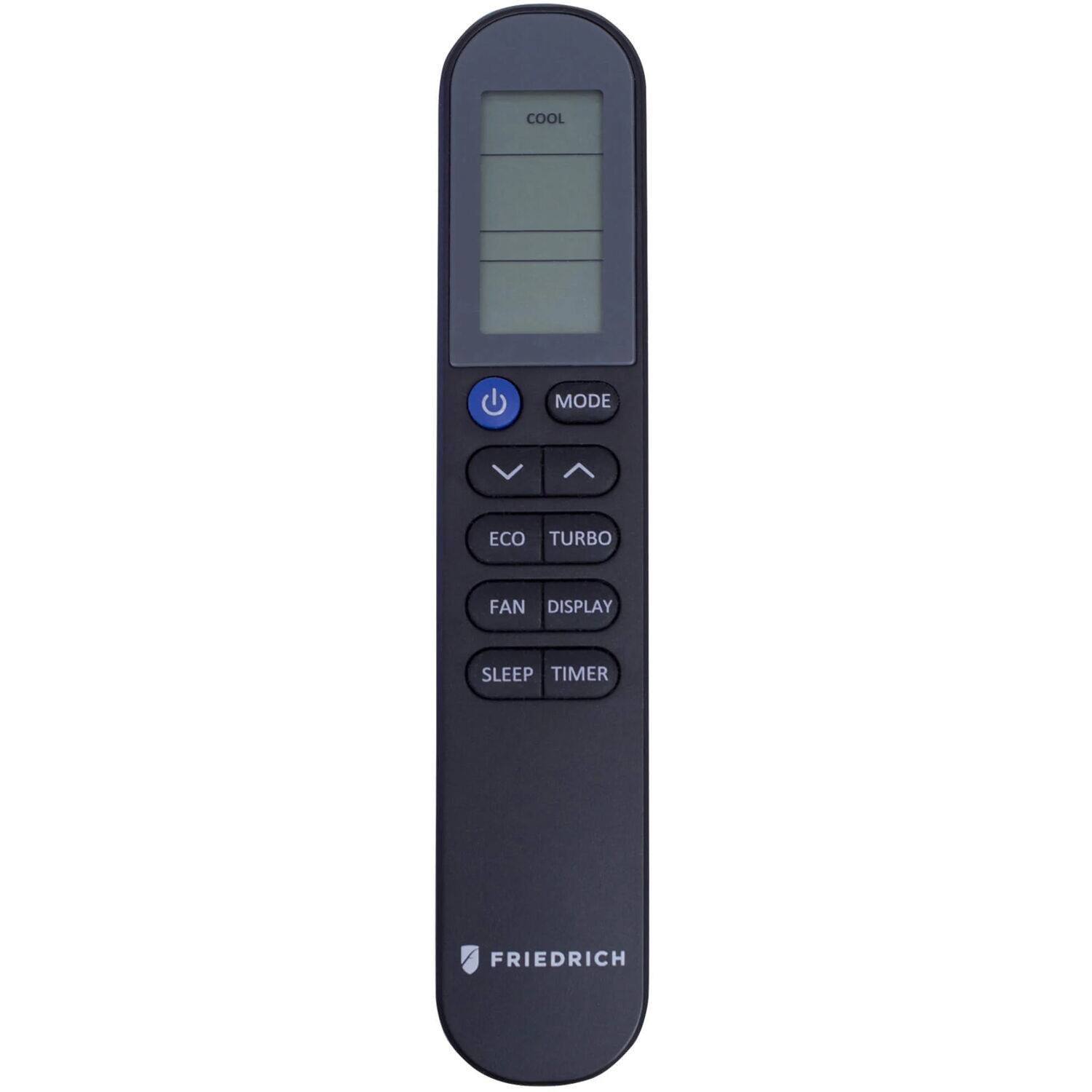 The image shows a remote control with a display screen that says "COOL MODE" on it. The remote control also has buttons for "ECO TURBO," "FAN," "DISPLAY," "SLEEP TIMER," and "FRIEDRICH."