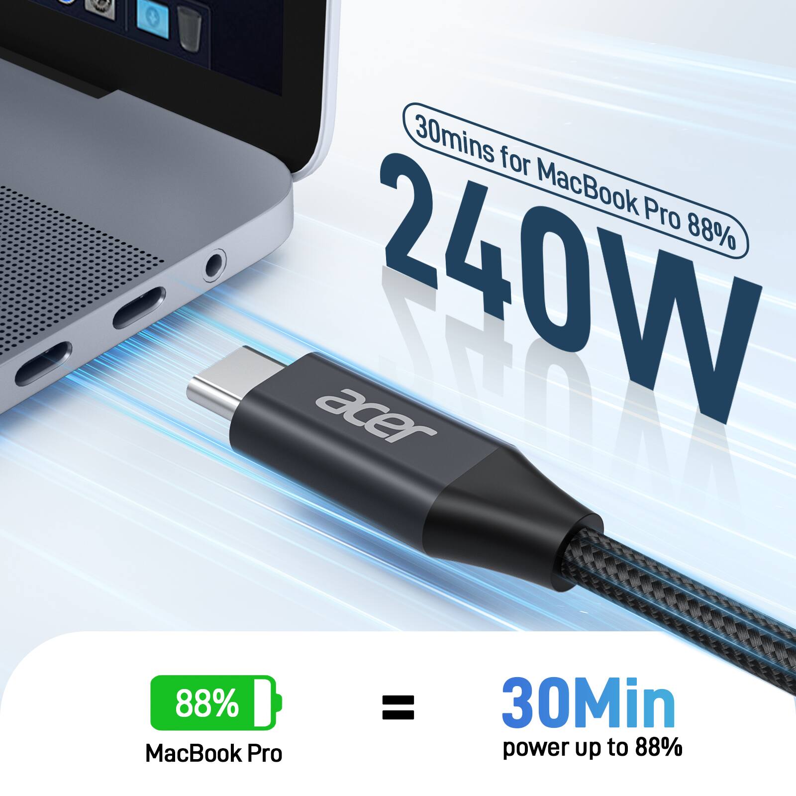 30mins for MacBook Pro 88%  
240W  

88% MacBook Pro = 30Min power up to 88%