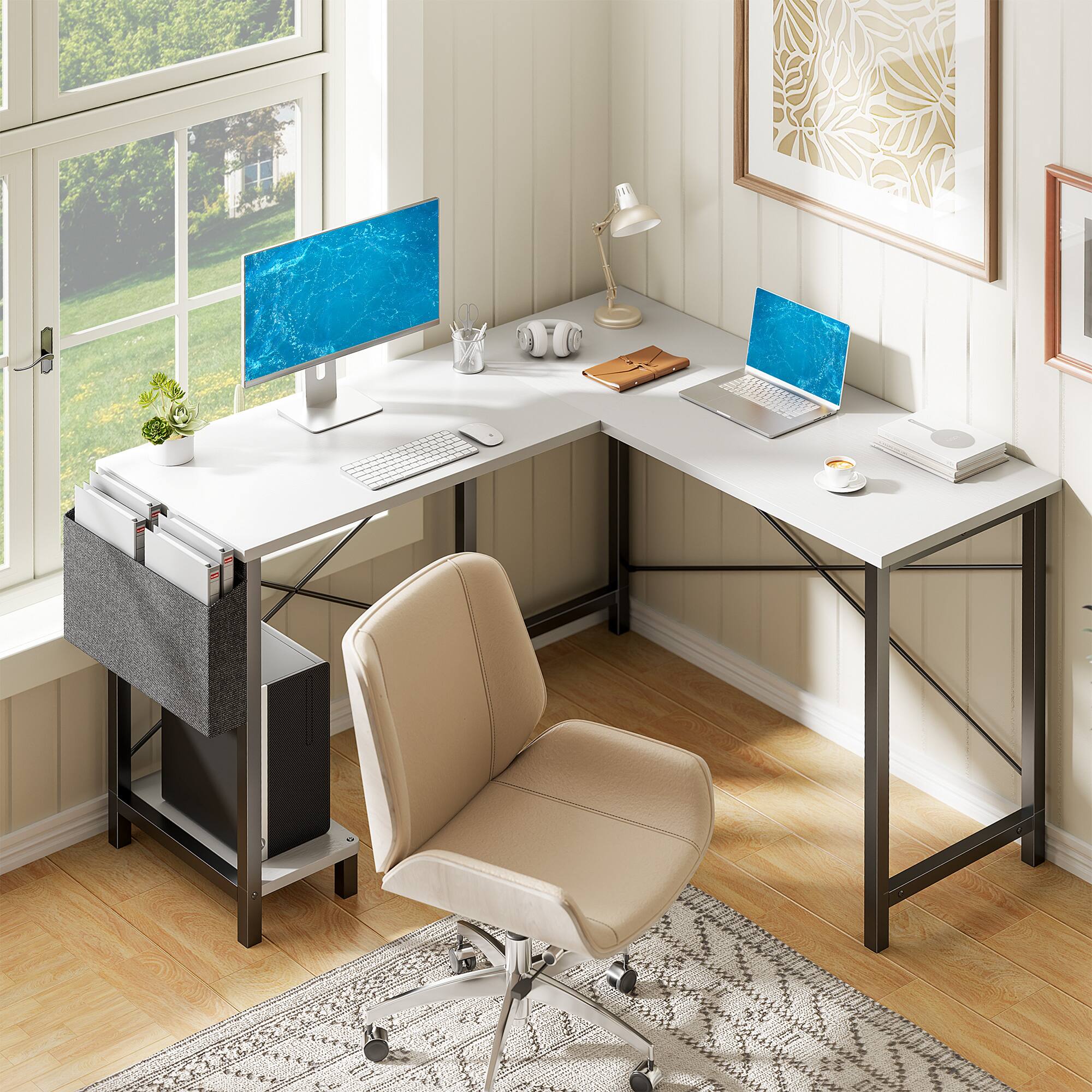 Alt View 6. Bestier - 49in L Shaped Desk, Computer Desk Corner Desks Gaming Desk PC Table for Home Office Workstation - White.