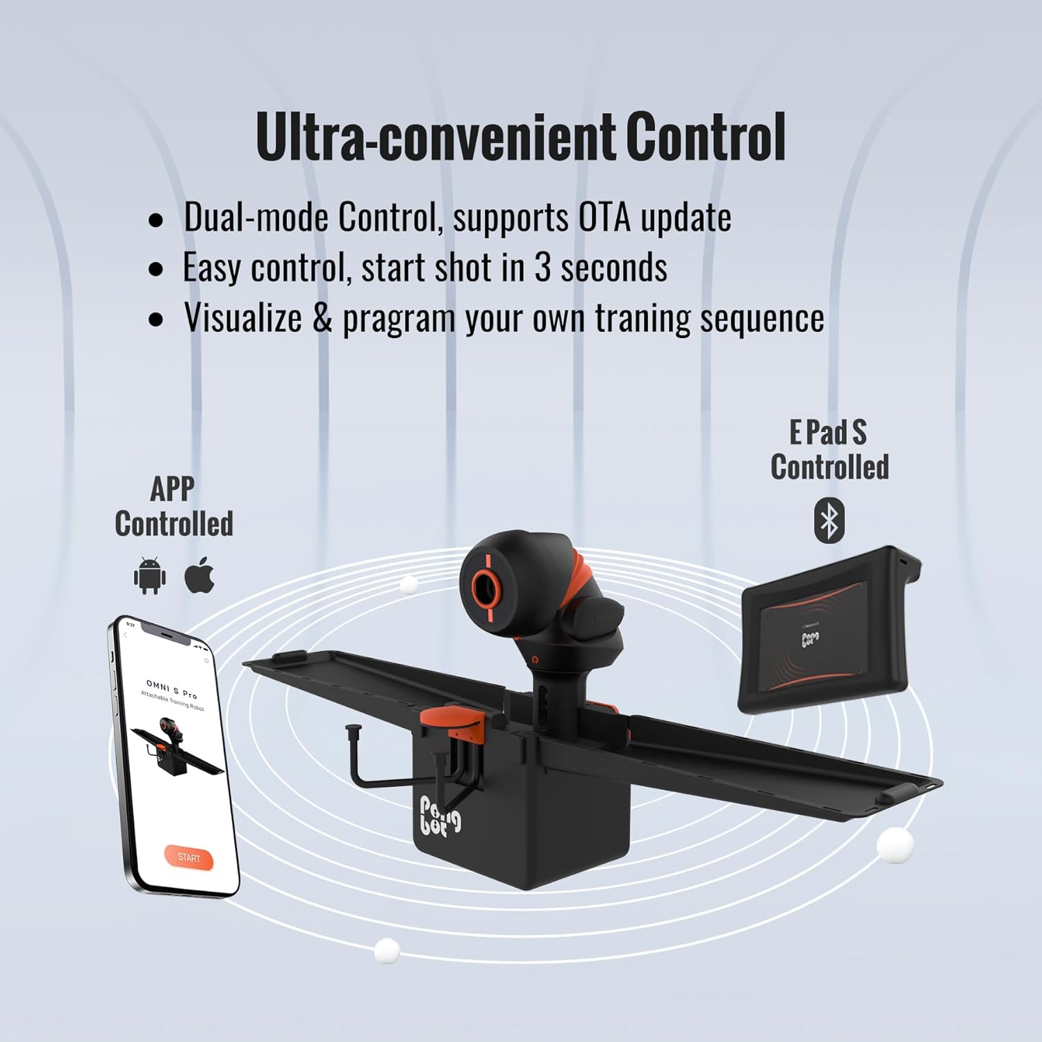 Ultra-convenient Control

- Dual-mode Control, supports OTA update
- Easy control, start shot in 3 seconds
- Visualize & program your own training sequence

APP Controlled

E Pad S Controlled