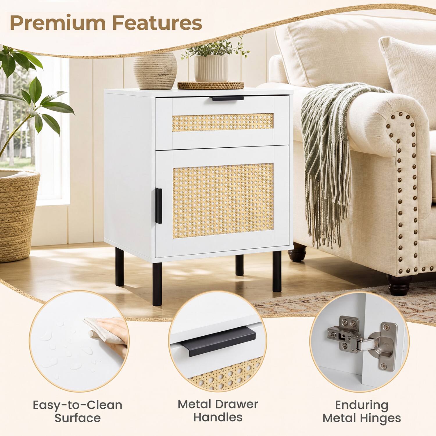 Premium Features

- Easy-to-Clean Surface
- Metal Drawer Handles
- Enduring Metal Hinges