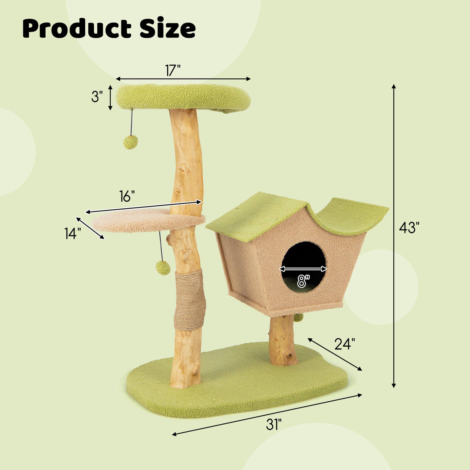 Product Size

- Height: 43"
- Width: 31"
- Depth: 24"
- Base Diameter: 31"
- Cat House Entrance: 8"
- Perch 1: 17" (Width) x 3" (Depth)
- Perch 2: 16" (Width) x 14" (Depth)