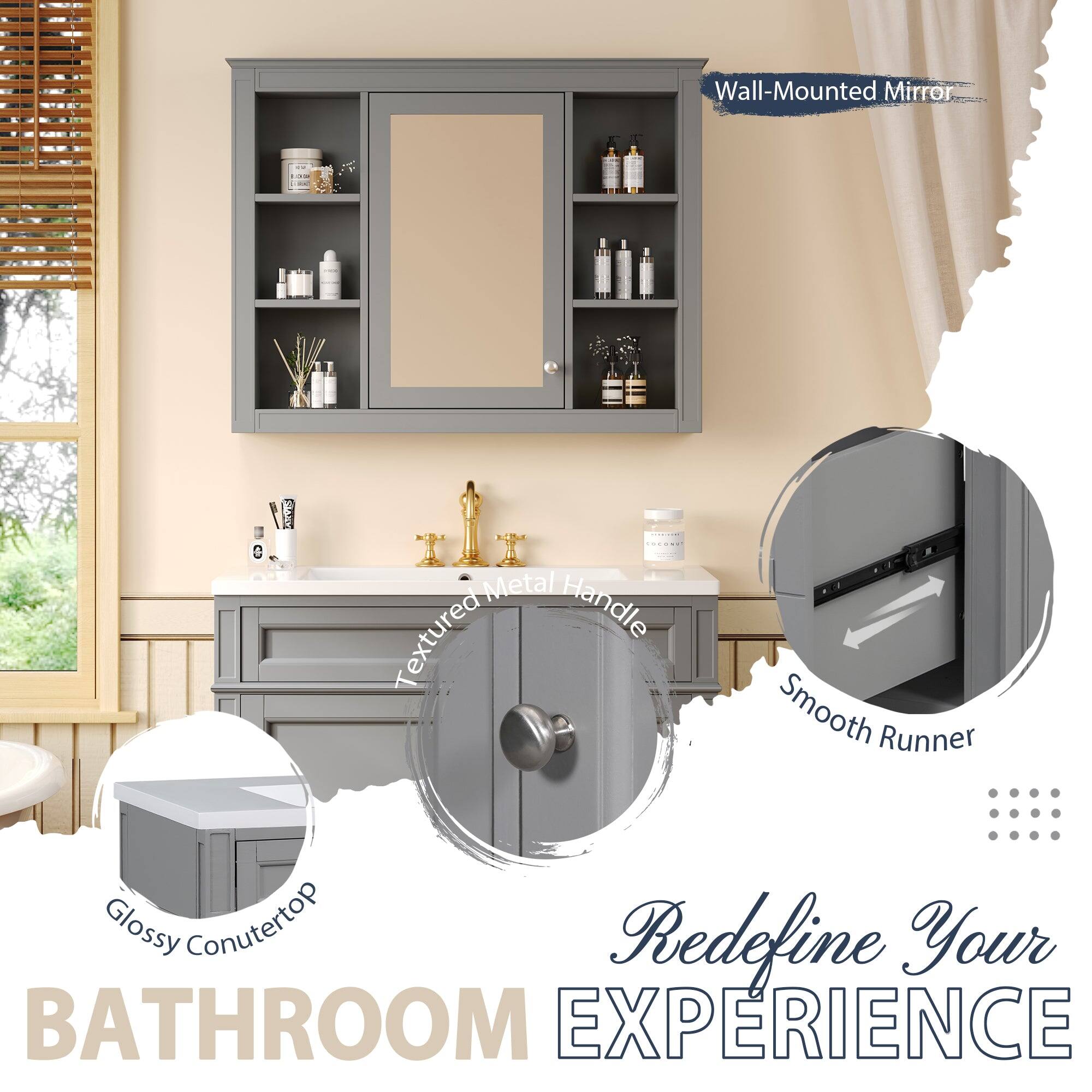 Wall-Mounted Mirror  
Metal Textured Handle  
Smooth Runner  
Glossy Countertop  
Redefine Your BATHROOM EXPERIENCE