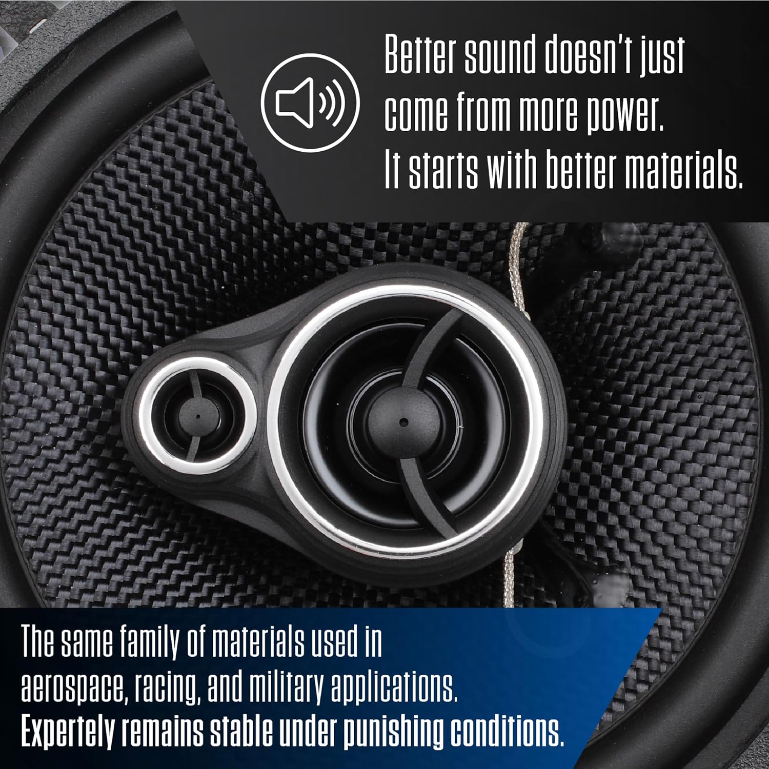 Better sound doesn't just come from more power. It starts with better materials. The same family of materials used in aerospace, racing, and military applications. Expertly remains stable under punishing conditions.