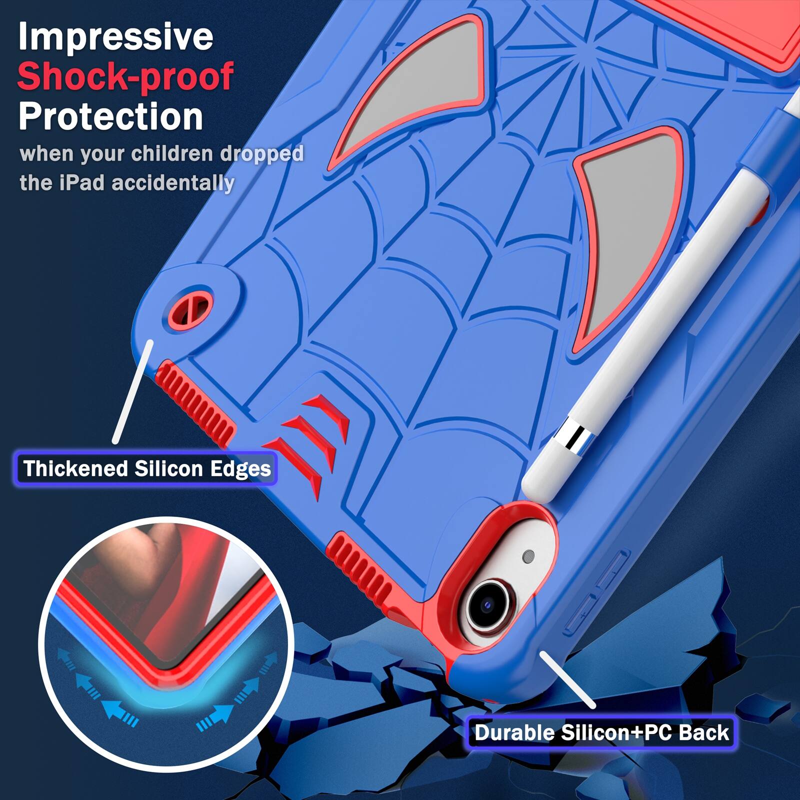Impressive Shock-proof Protection when your children dropped the iPad accidentally

Thickened Silicon Edges

Durable Silicon+PC Back