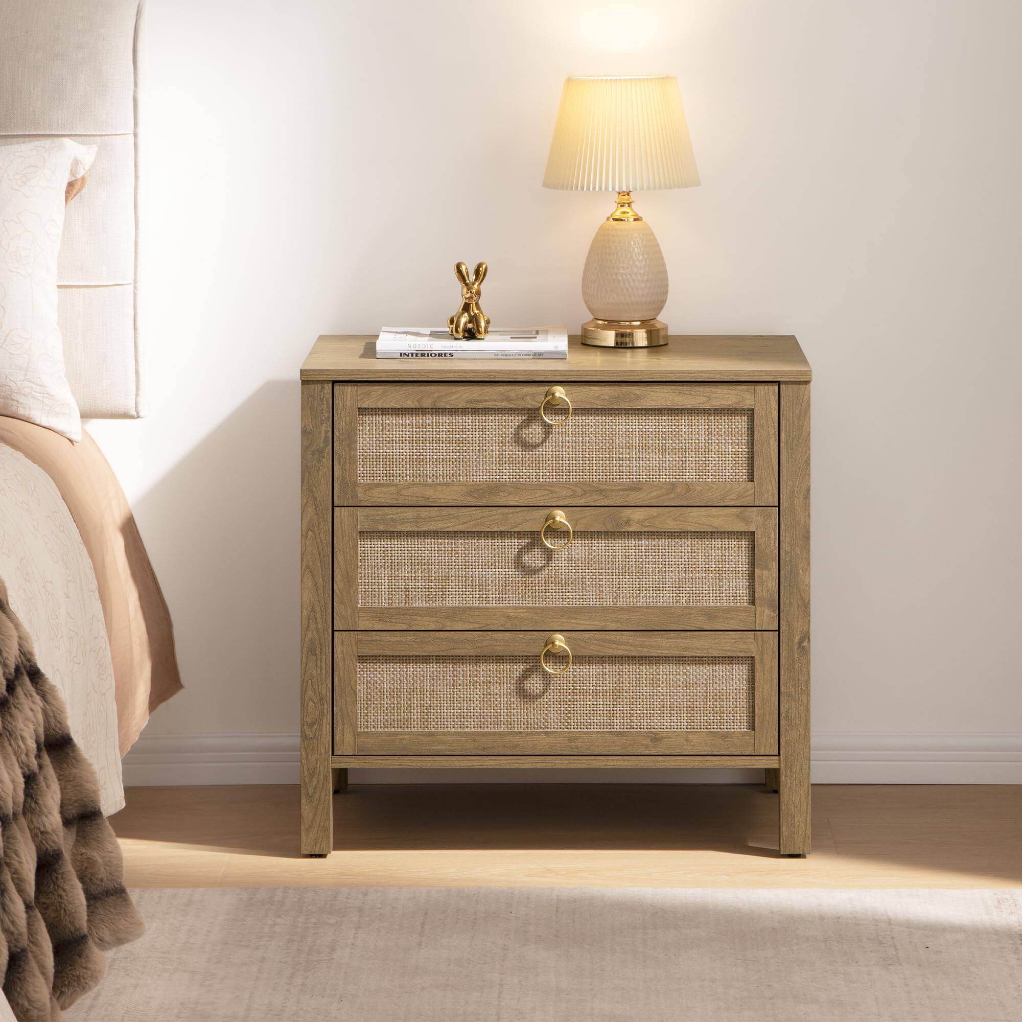 Front. OMOMMD - White 3-Drawer Rattan Nightstand Tall Large Bedside Table Boho Bedroom - Carbon Cherry 1.