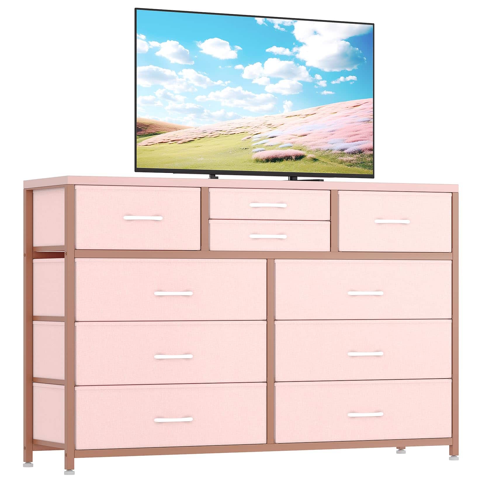 Acekool - Dresser for Bedroom TV Stand for 55” TV, Entertainment Center with 10 Drawers, Storage Organizer Unit for Living Room - Pink