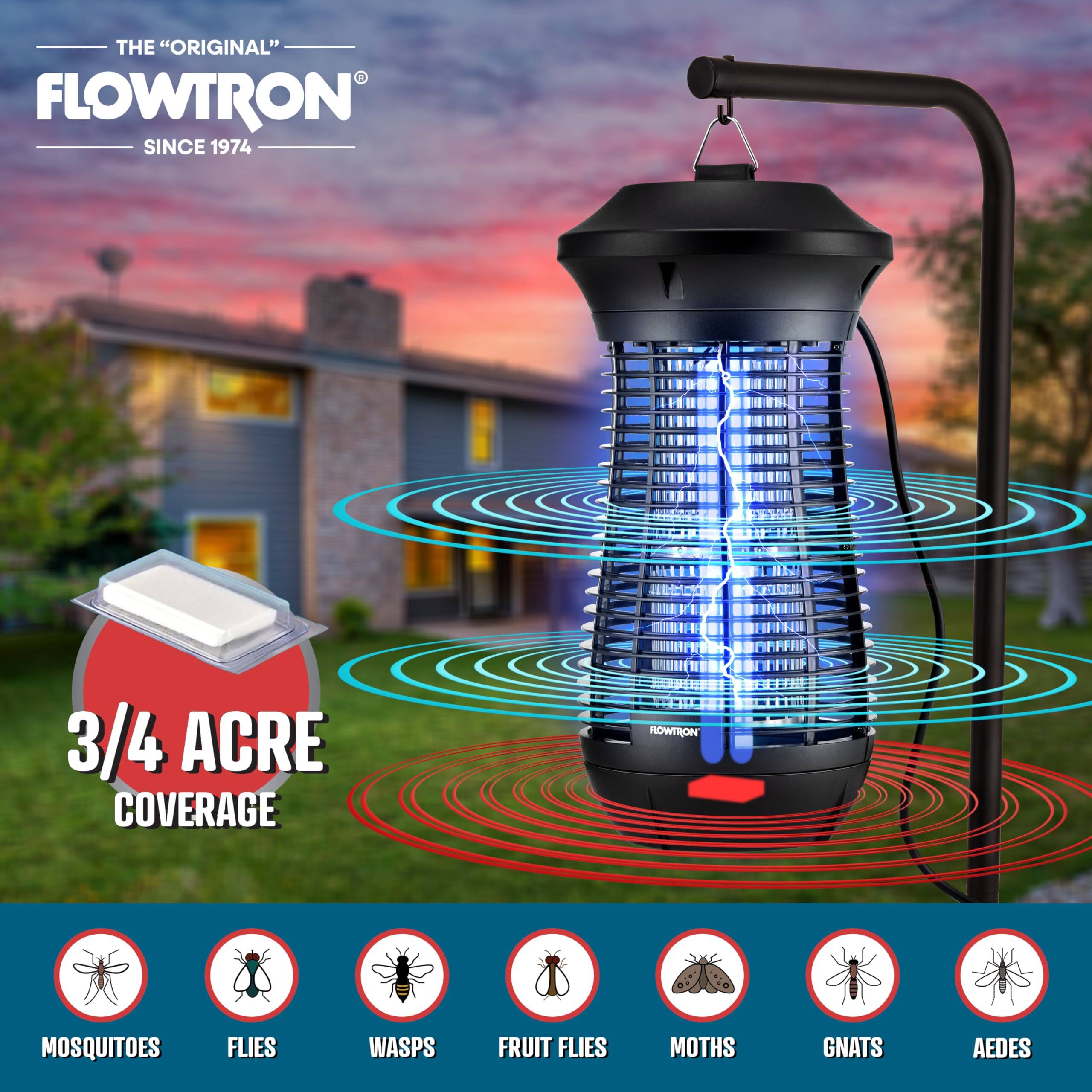 THE "ORIGINAL" FLOWTRON SINCE 1974  
3/4 ACRE COVERAGE  
ROWTRON  
MOSQUITOES  
FLIES  
WASPS  
FRUIT FLIES  
MOTHS  
GNATS  
AEDES