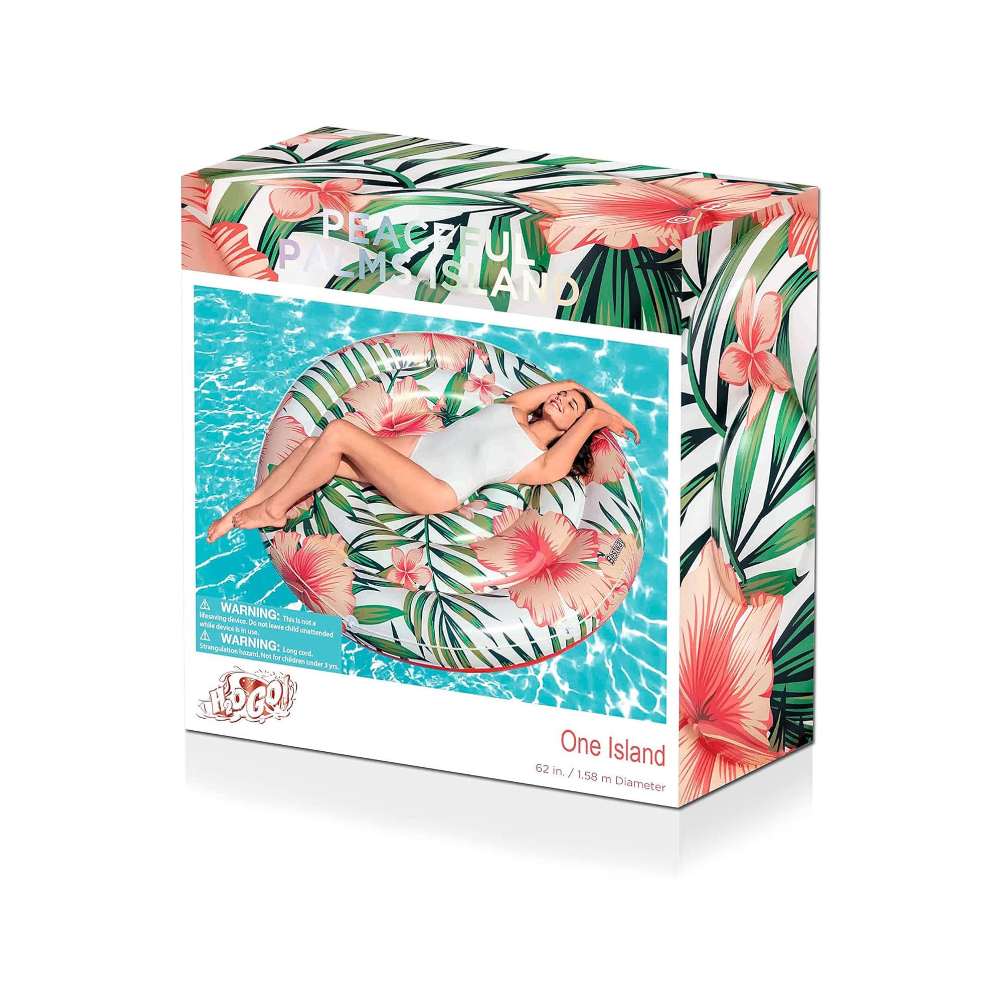 The text on the image reads "PEACFUL a PALMS PALMSASLAND SLAND Hewving WARNING: ande Tk - dn - SS A -s - ad  m matterded Strampdatin WARNING: 1omg hasand ma - E Oddan de P HDGO! One Island 62 in/ 1.58 m Diameter."