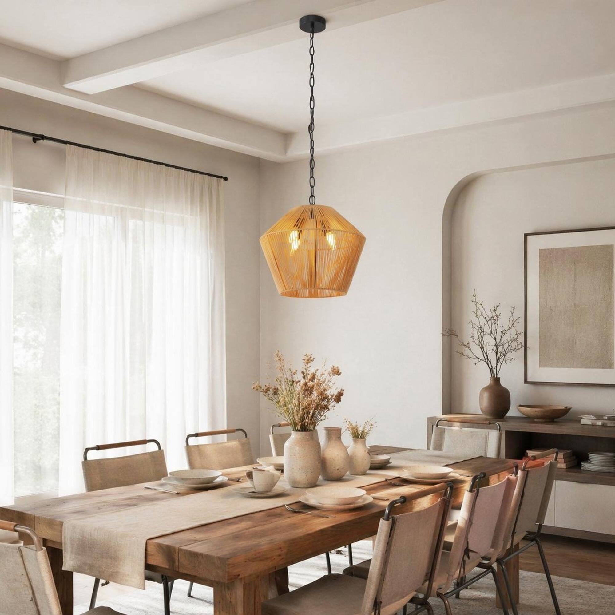 Left. RYHNUYNE - Handwoven Hemp Rope Pendant Light 17 Inch, Natural Fiber Farmhouse Chandelier for Kitchen Island, Dining Table.