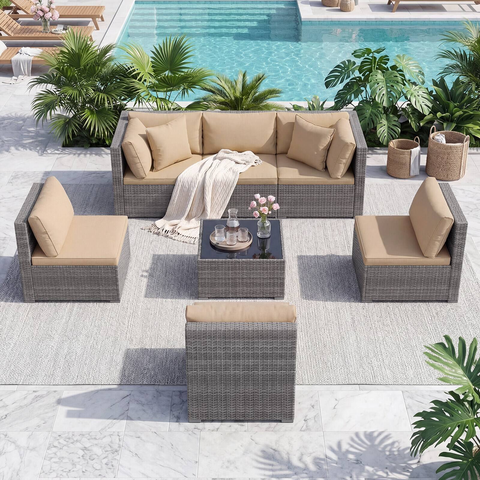 Alt View 3. Costway - 7PCS Patio Rattan Furniture Set Sectional Sofa Cushioned Garden - Mix Gray,Brown.
