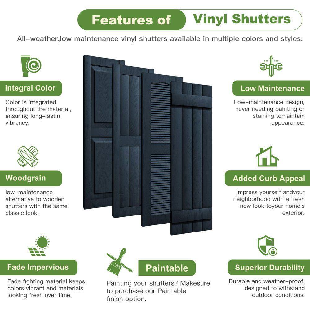 Features of Vinyl Shutters

All-weather, low maintenance vinyl shutters available in multiple colors and styles.

**Integral Color**
- Color is integrated throughout the material, ensuring long-lasting vibrancy.

**Low Maintenance**
- Low-maintenance design, never needing painting or staining to maintain appearance.

**Woodgrain**
- Low-maintenance alternative to wooden shutters with the same classic look.

**Added Curb Appeal**
- Impress yourself and your neighborhood with a fresh new look to your home's exterior.

**Fade Impervious**
- Fade-fighting material keeps colors vibrant and materials looking fresh over time.

**Paintable**
- Painting your shutters? Make sure to purchase our Paintable finish option.

**Superior Durability**
- Durable and weather-proof, designed to withstand outdoor conditions.