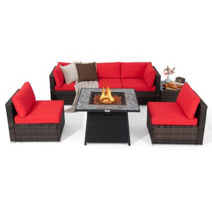 Front. Costway - 7 PCS Patio Furniture Set with 35" Propane Gas Fire Pit Table & Waterproof Cover - Red.