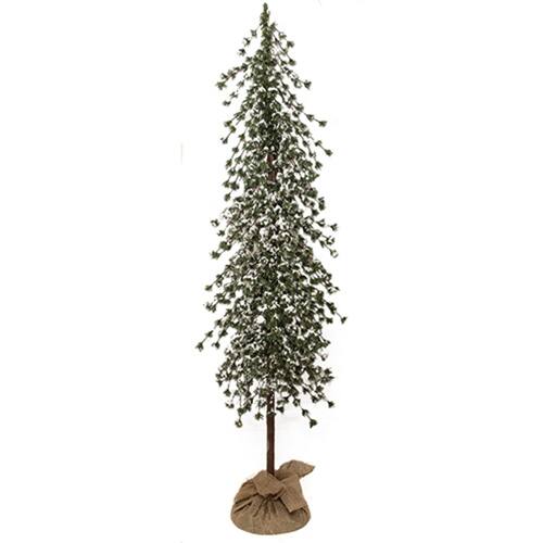 Front. BreeBe - Glistening Snowy Mini Ming Pine Tree w/Burlap Base - 5 Ft. - Green, White, Brown.