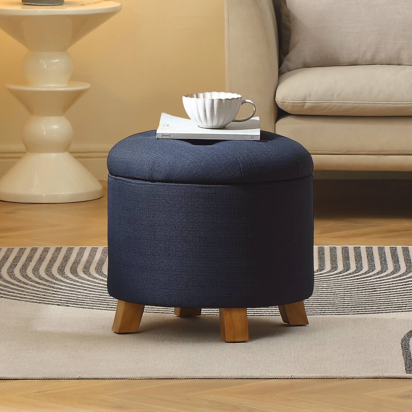 Back. Pinmoco - Round Tufted Faux Linen Ottoman with Removable Lid and Footrest Stool - Blue.