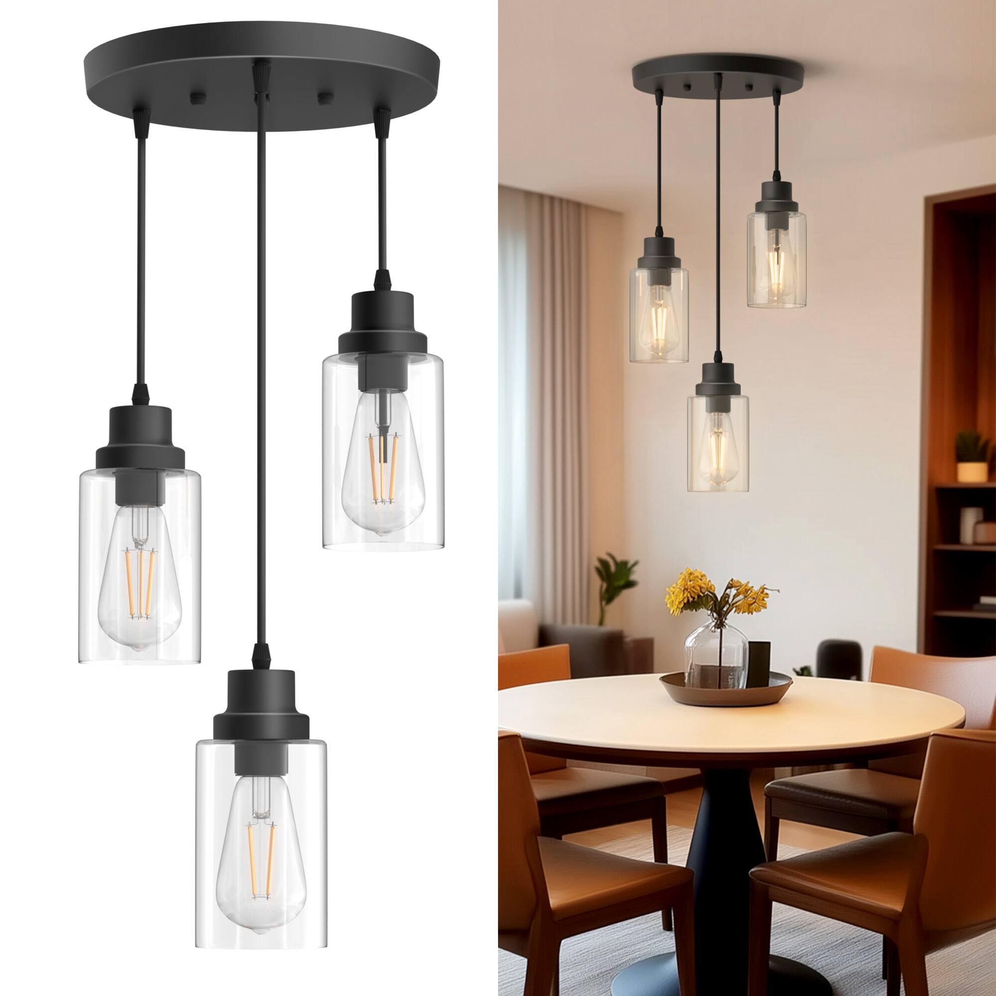 Front. Jandcase - JANDCASE 3-Light Modern Black Pendant Light, Clear Glass Shades,E26 Socket, Non-Integrated Bulbs, for Kitchen Island - Black.