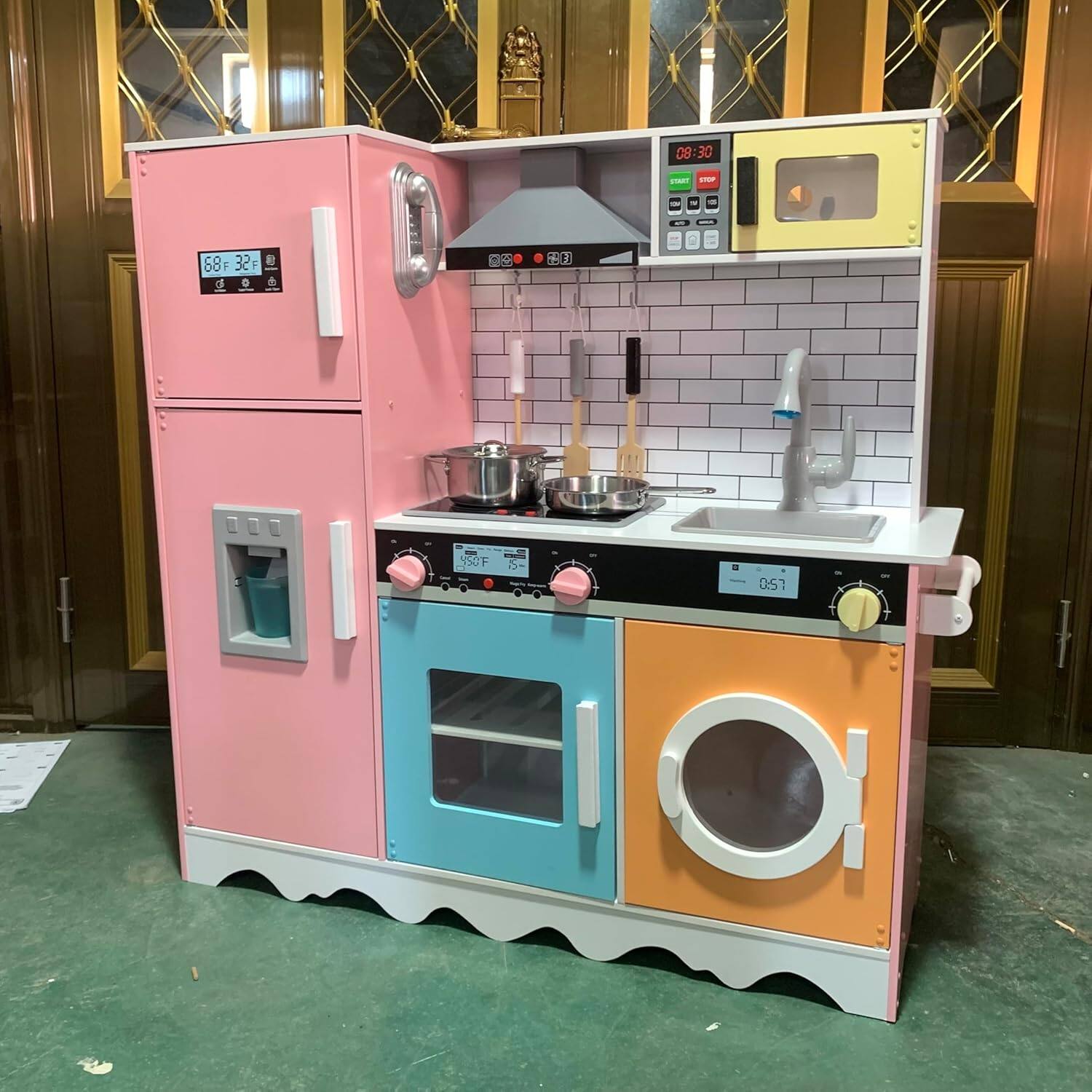 Lil' Jumbl - Large Kids Kitchen Set, Wooden Pretend Play Kitchen with Icemaker, Microwave & More - Colorful