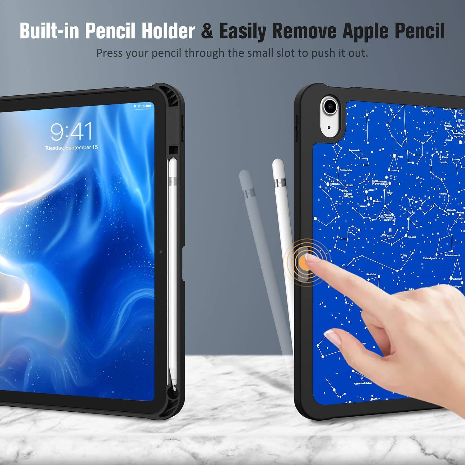 Built-in Pencil Holder & Easily Remove Apple Pencil  
Press your pencil through the small slot to push it out.

100%  
9:41 Tuesday, September 15

Auts Medra Lajue le  
Alma  
Mibtle  
Infopiacin

ORGH)  
Carfese ACIDICS  
Amama  
Creation  
800  
Du  
NOO COM  
Xatani  
Idennochomil Monghenhial

- - - deim  
Carmohd Galary