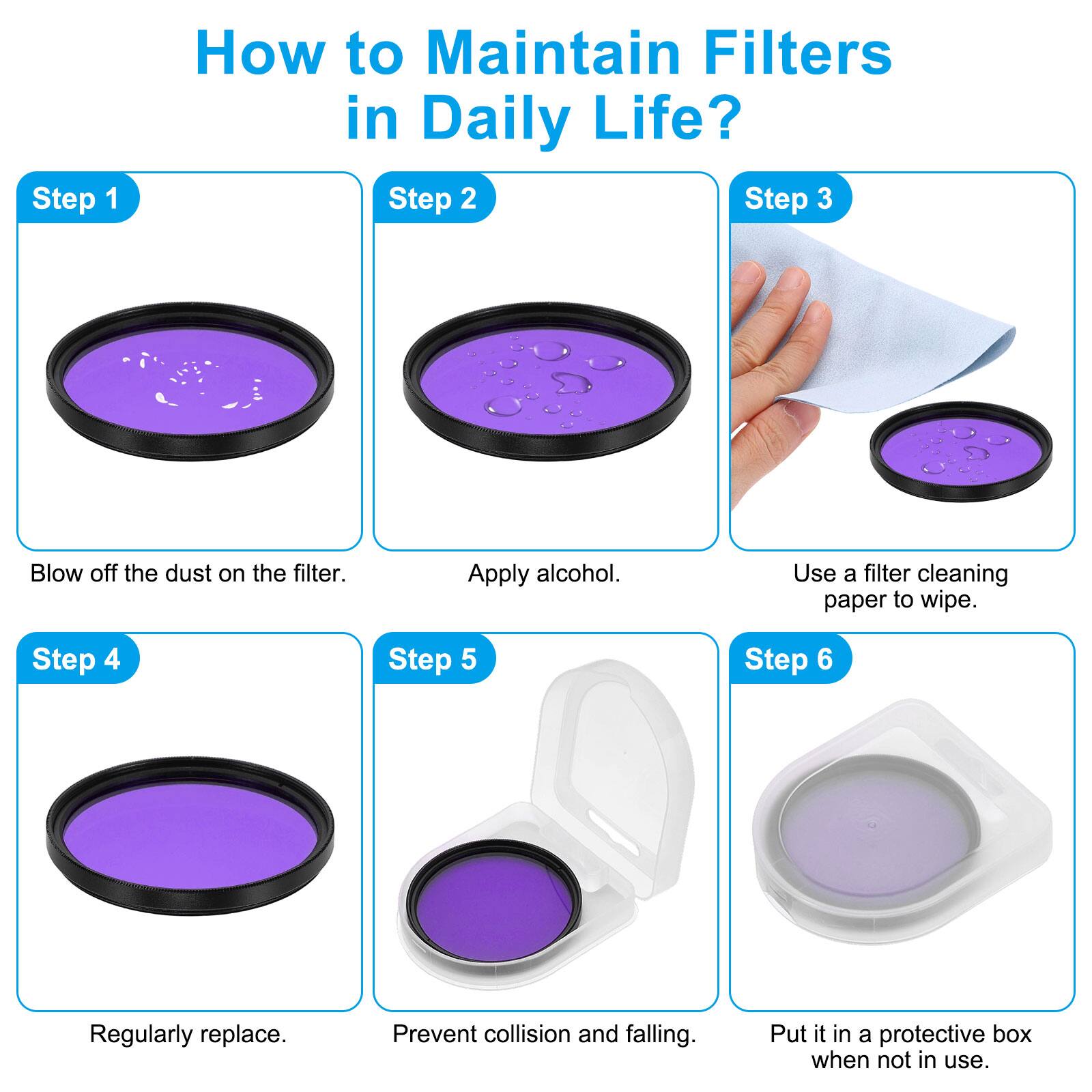 How to Maintain Filters in Daily Life?

Step 1: Blow off the dust on the filter.
Step 2: Apply alcohol.
Step 3: Use a filter cleaning paper to wipe.
Step 4: Regularly replace.
Step 5: Prevent collision and falling.
Step 6: Put it in a protective box when not in use.