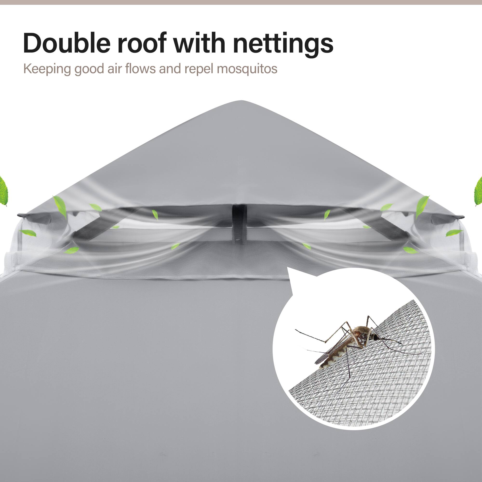 Double roof with nettings  
Keeping good air flows and repel mosquitos