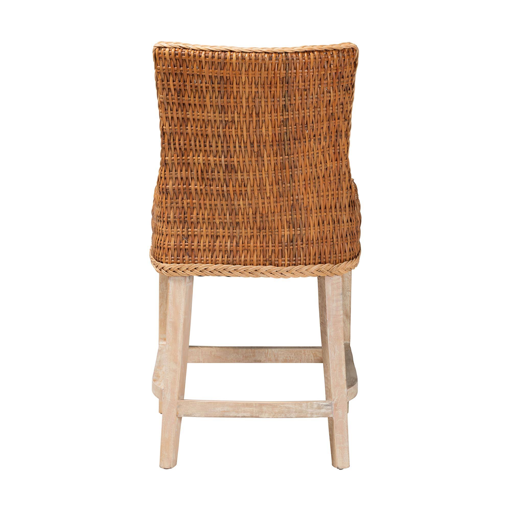 Back. bali & pari - Derris Natural Rattan Counter Stool with Cushion - Tall Wingback Stool with Solid Mango Wood Legs and Footrest - Light Honey.