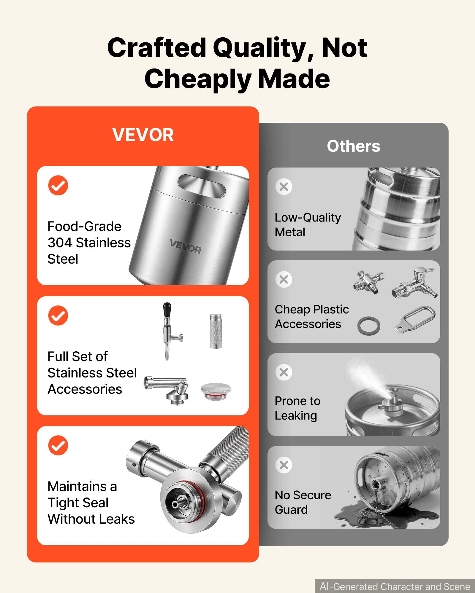 Crafted Quality, Not Cheaply Made

VEVOR
- Food-Grade 304 Stainless Steel
- Full Set of Stainless Steel Accessories
- Maintains a Tight Seal Without Leaks

Others
- Low-Quality Metal
- Cheap Plastic Accessories
- Prone to Leaking
- No Secure Guard

AI-Generated Character and Scene