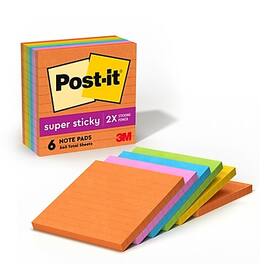Post-it - Super Sticky Notes, 4" x 4", Energy Boost Collection, Lined, 90 Sheet/Pad, 6 Pads/Pack - Blue/Orange/Pink/Yellow/Lime