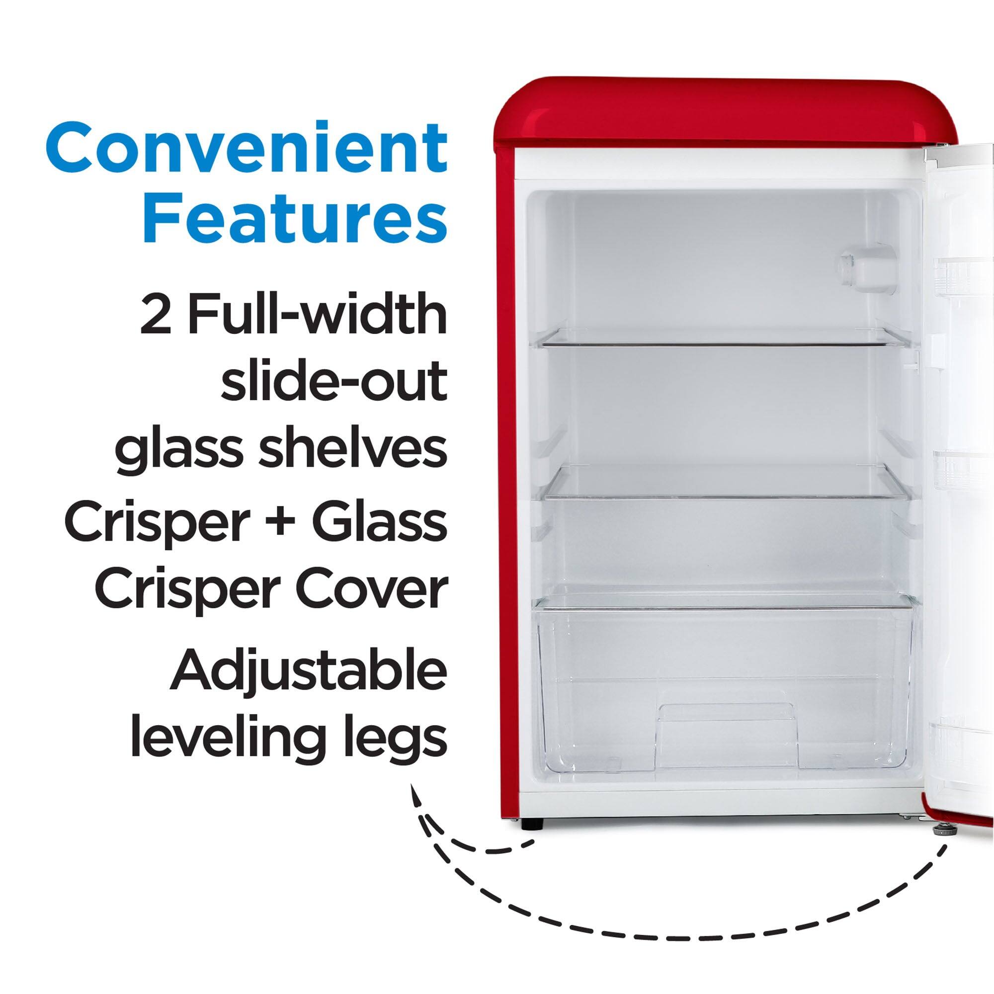 Convenient Features: 2 Full-width slide-out glass shelves, Crisper + Glass Crisper Cover, Adjustable leveling legs.