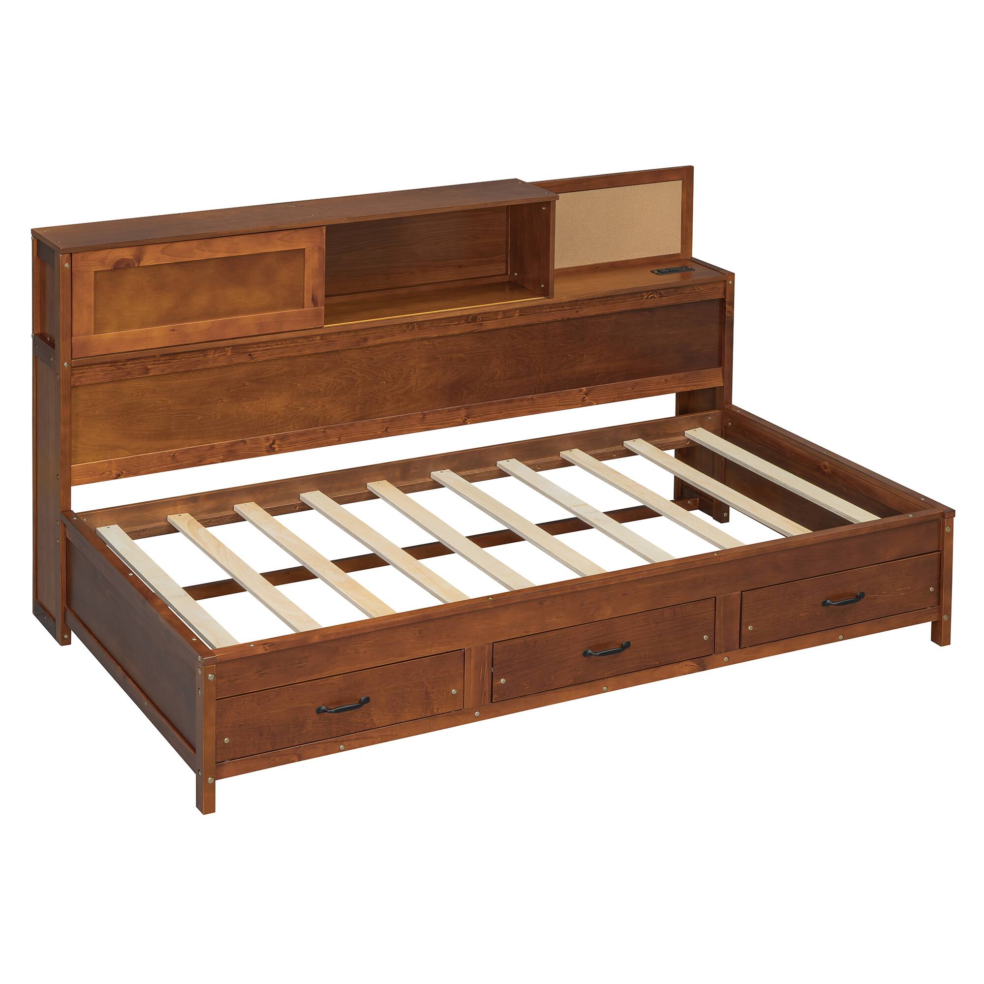 Alt View 4. Tiramisubest - Twin Size Wooden Daybed with 3 Storage Drawers, Upper Soft Board, shelf, and a set of Sockets and USB Ports, Walnut - Walnut.