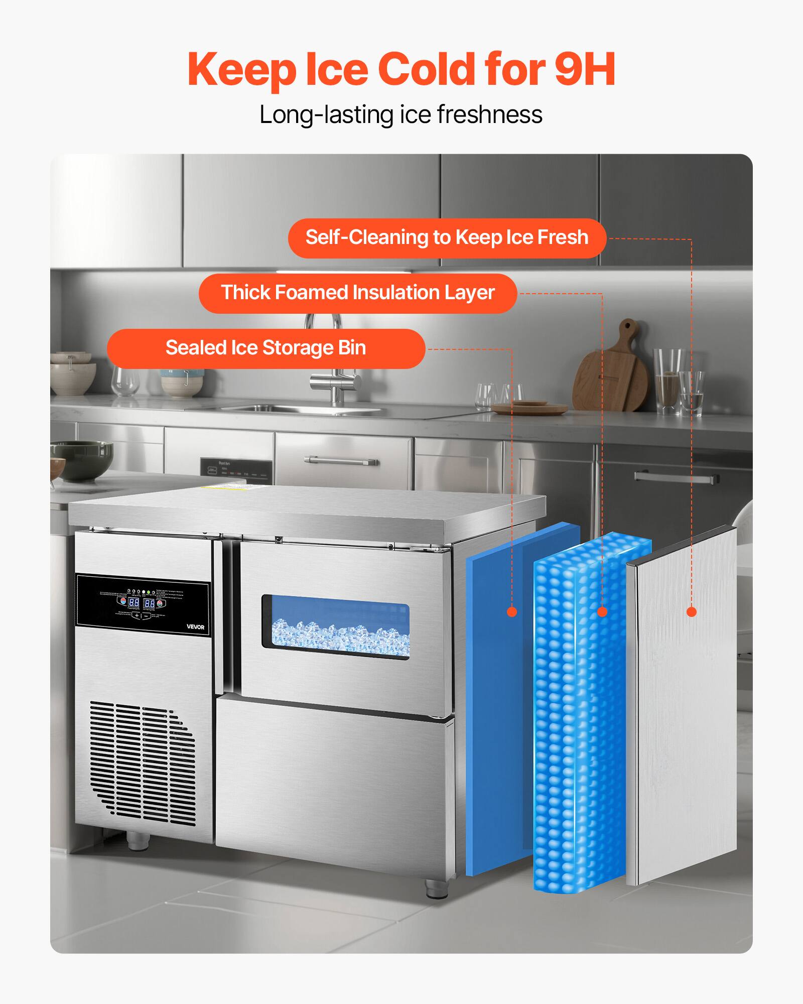 Keep Ice Cold for 9H  
Long-lasting ice freshness  

- Self-Cleaning to Keep Ice Fresh  
- Thick Foamed Insulation Layer  
- Sealed Ice Storage Bin